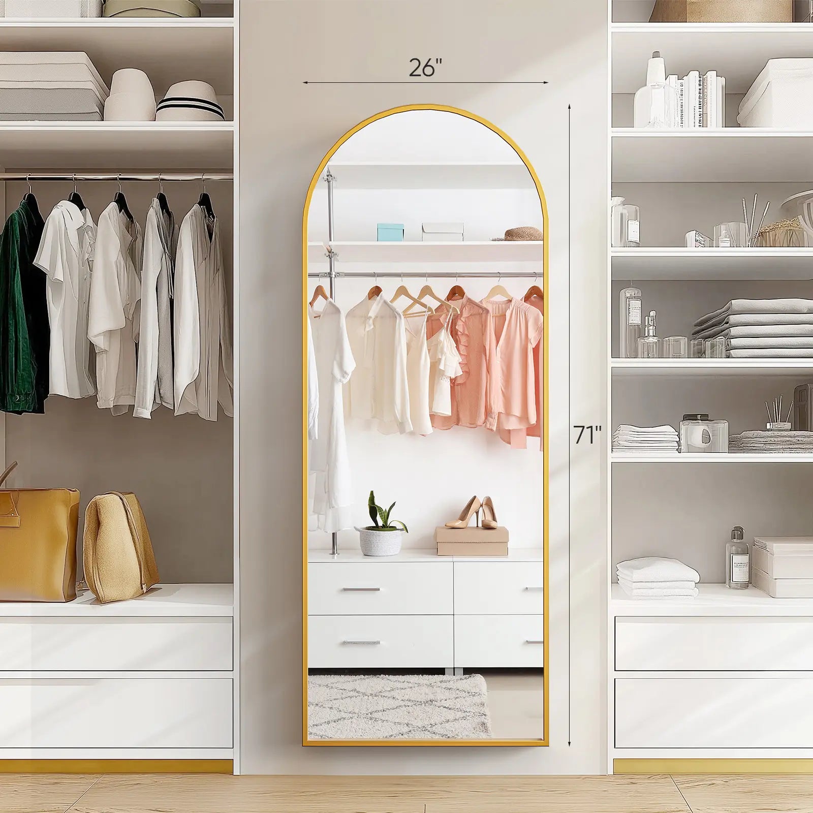 71" x 26" Full-Length Mirror - Versatile Floor-Standing, Wall-Mounted, or Tilting Design with Arched Rectangular Shape, Frameless Construction Ideal for Bedrooms, Corridors, and Entrances in Gold/Black Finish