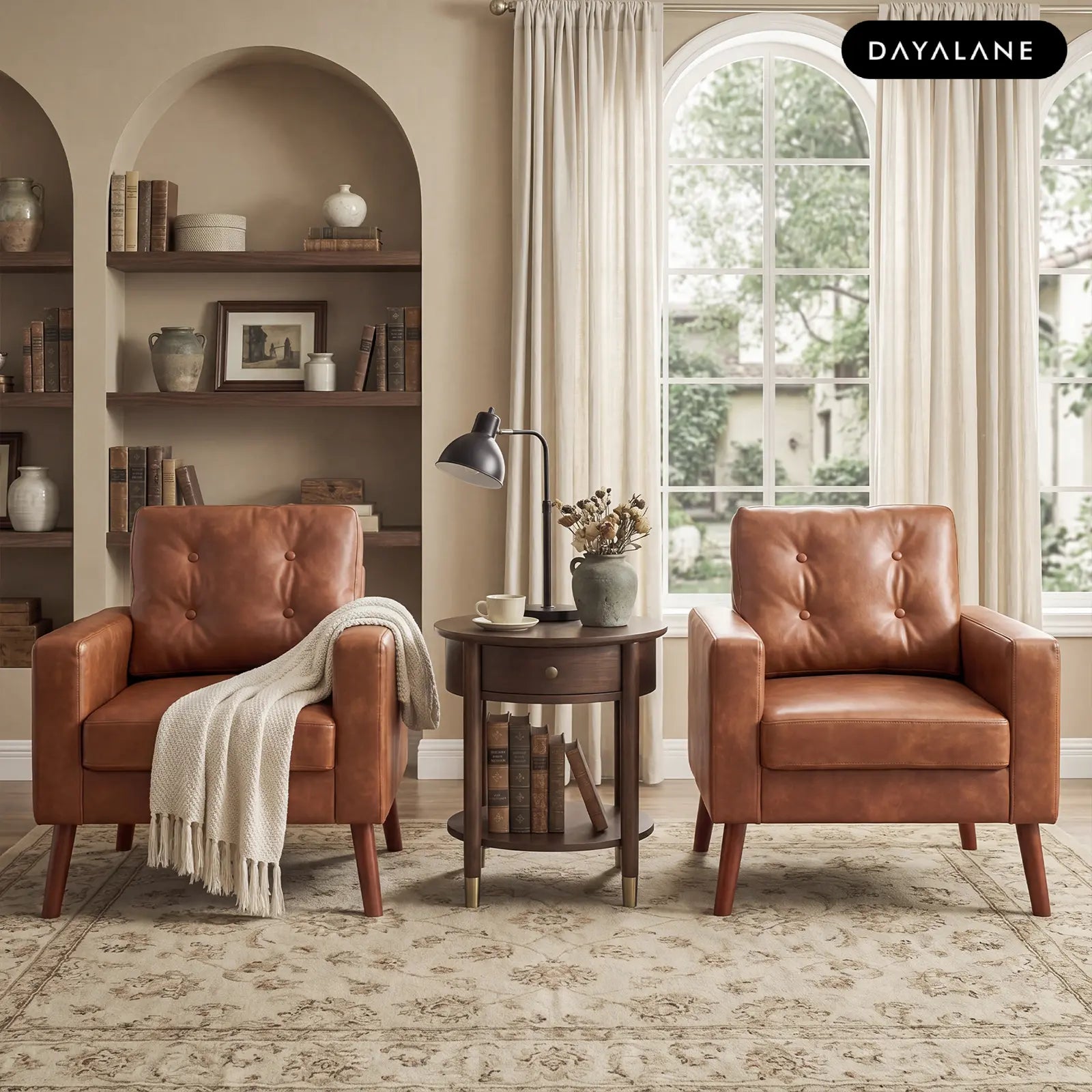 Dayalane Contemporary London Accent Chair - Brown Vegan Leather Armchair with Wooden Legs, Tufted Backrest, and Plush Cushion