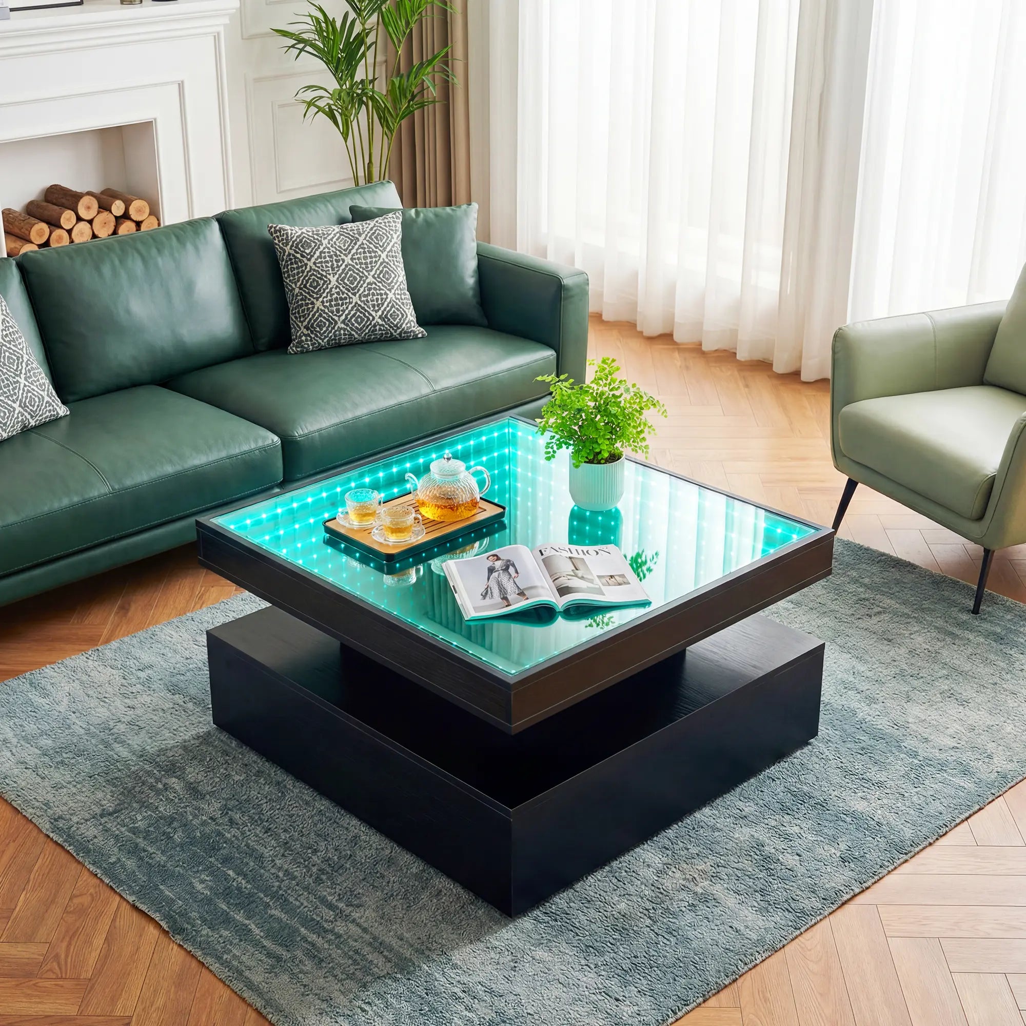 Contemporary 31.5" LED Square Coffee Table with Storage, Glass Top, and RGB Lighting in Black Engineered Wood for Living Spaces and Apartments