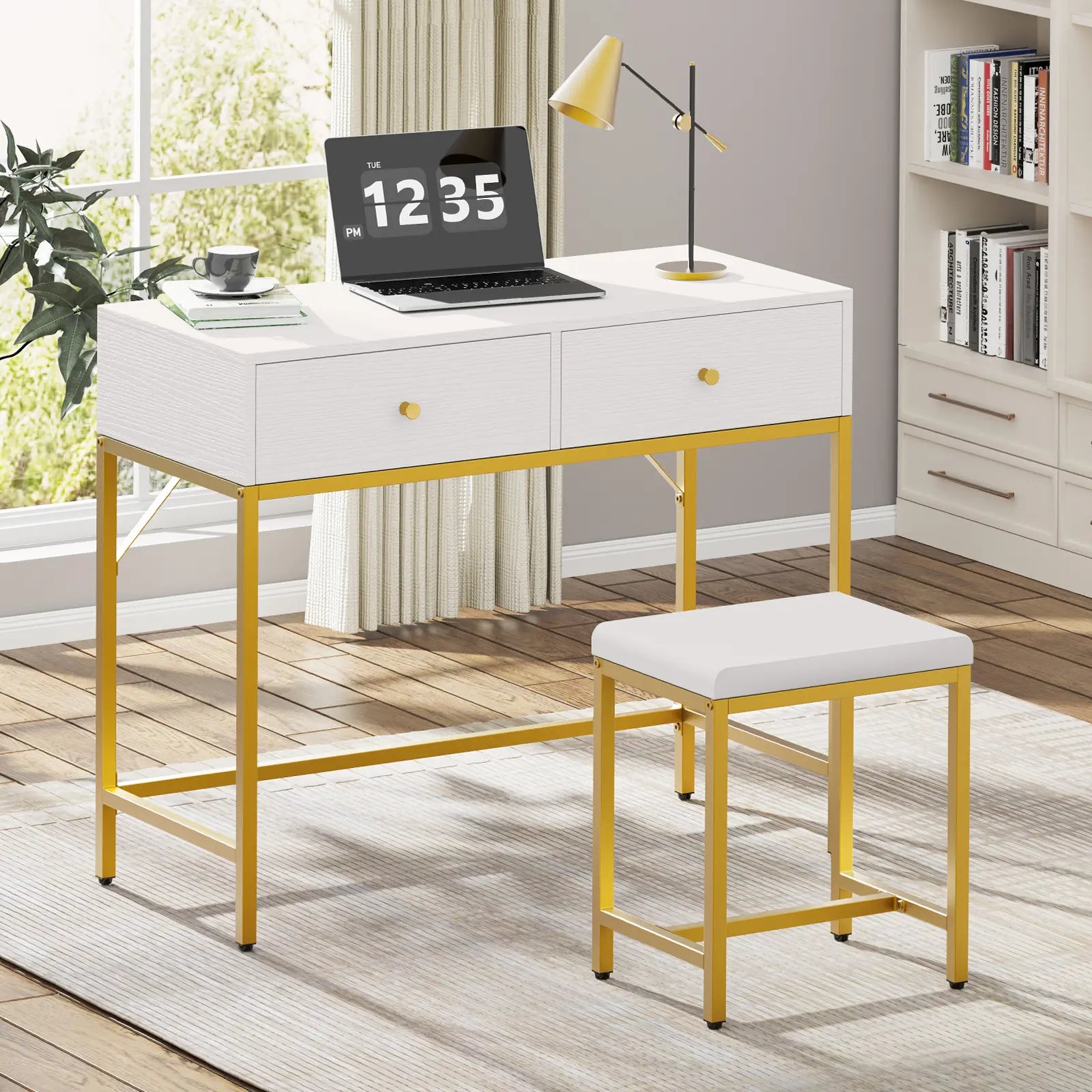35.4" White and Gold Vanity Desk with Two Drawers and Modern Padded Stool, Perfect for Home Office or Bedroom Makeup Station