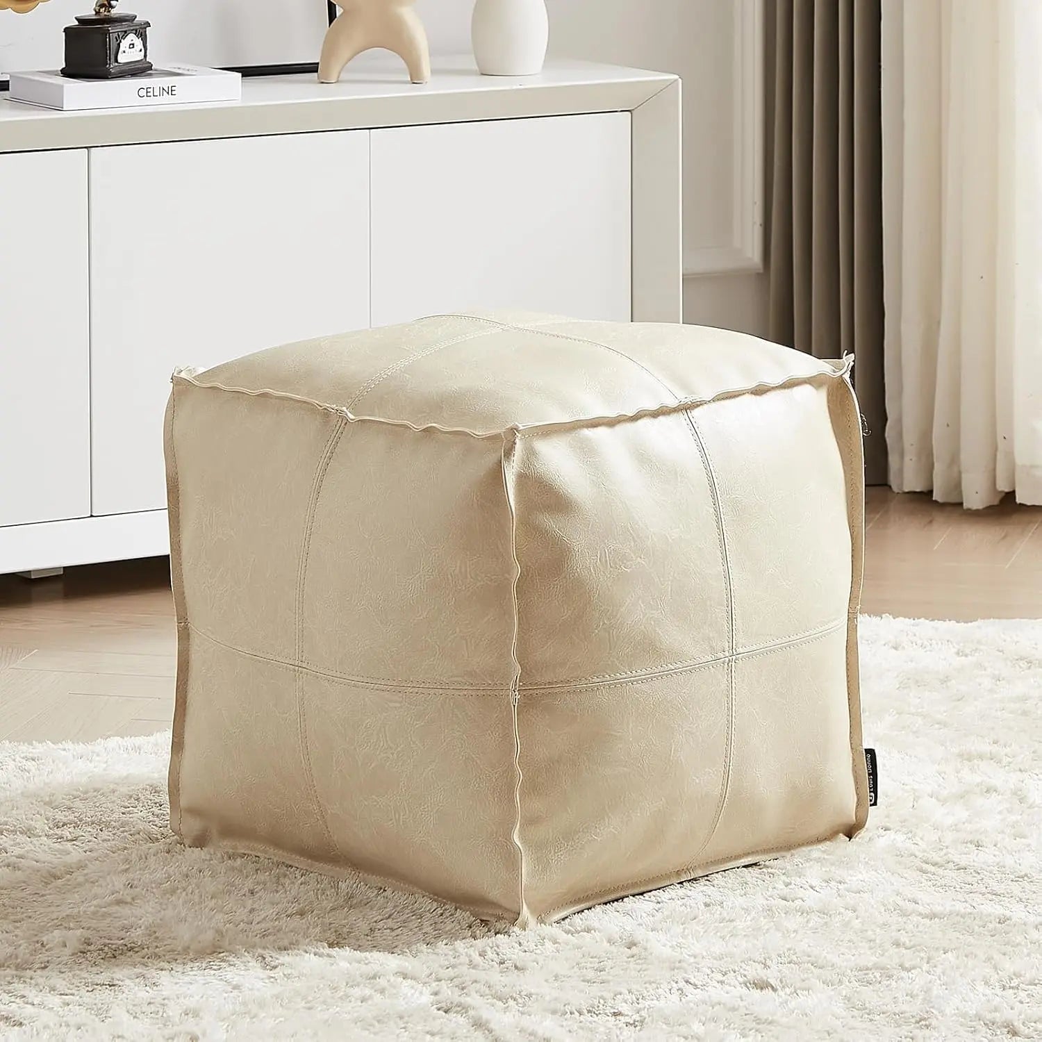 Dauhor Faux Leather Unstuffed Ottoman Cover - 15.7-Inch Square Beanbag with Storage for Living Room and Bedroom, Brown, Modern Seating for Adults and Kids