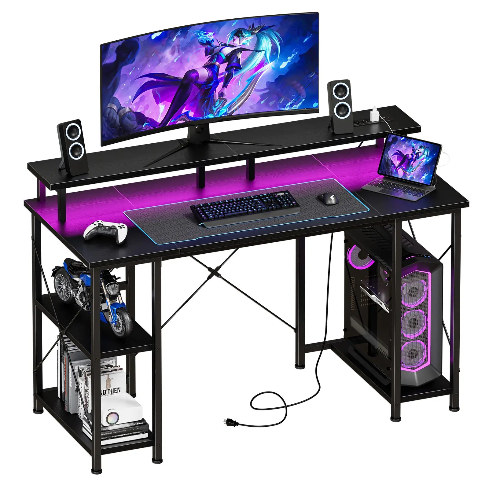 48-Inch Durable Computer Desk with LED Lighting, Power Outlets, Dual Monitor Stand, Storage Shelves, and CPU Holder for Home Office and Gaming Use