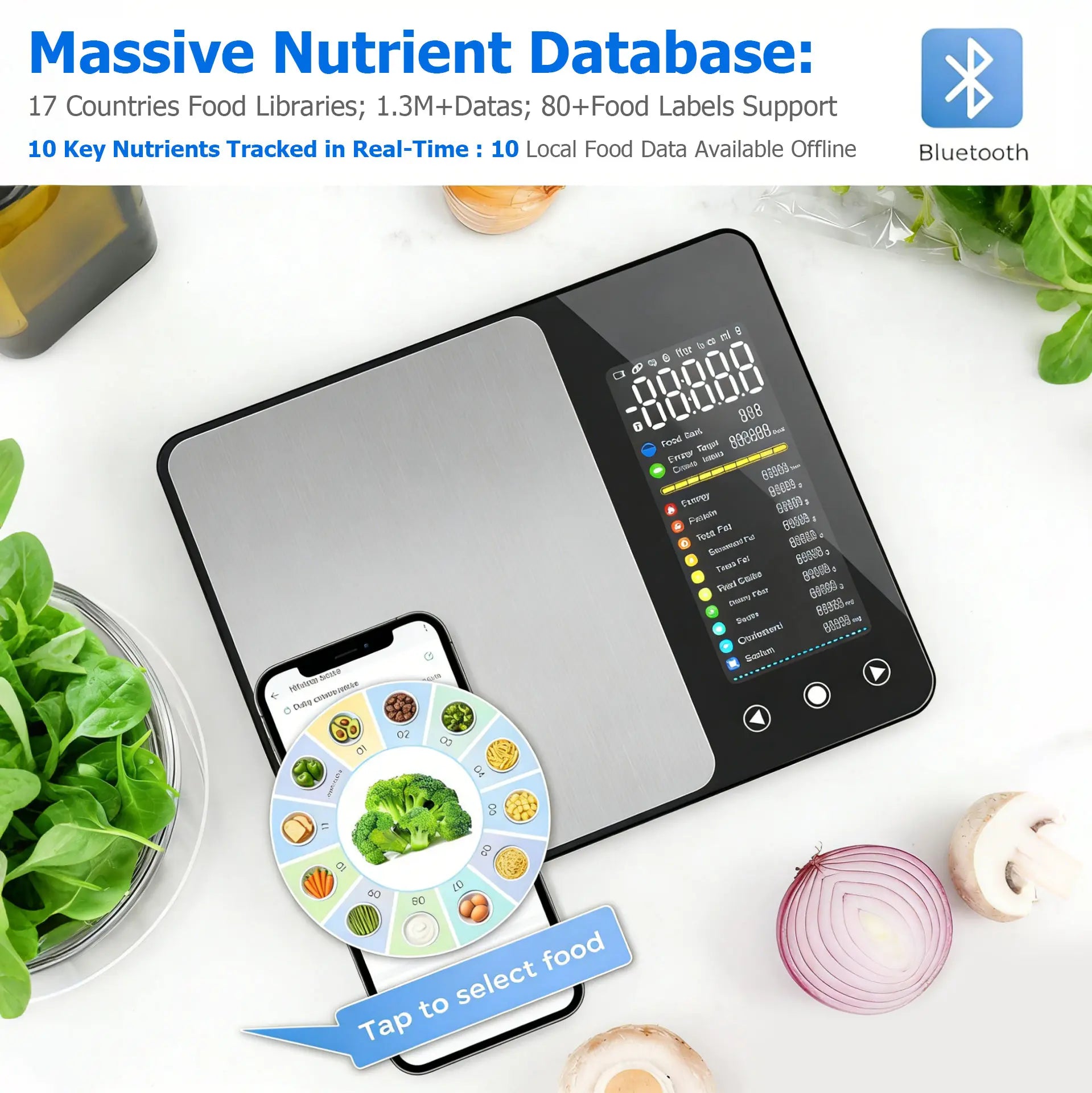 Comprehensive Nutritional Kitchen Scale with 10-Color VA Display and Support for 17 Country Food Databases