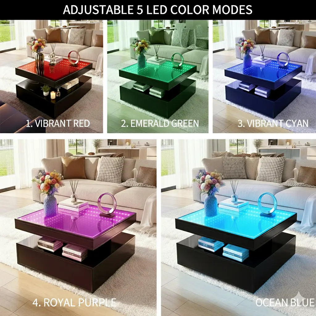 Contemporary 31.5" LED Square Coffee Table with Storage, Glass Top, and RGB Lighting in Black Engineered Wood for Living Spaces and Apartments