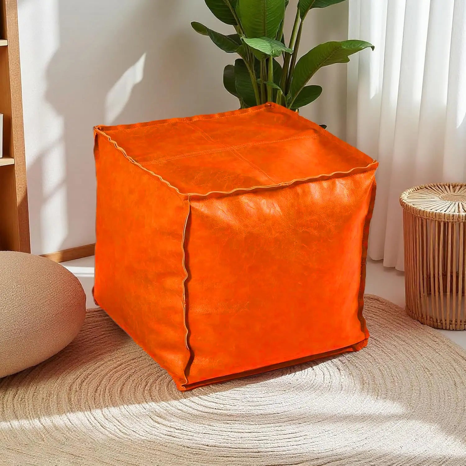 Dauhor Faux Leather Unstuffed Ottoman Cover - 15.7-Inch Square Beanbag with Storage for Living Room and Bedroom, Brown, Modern Seating for Adults and Kids