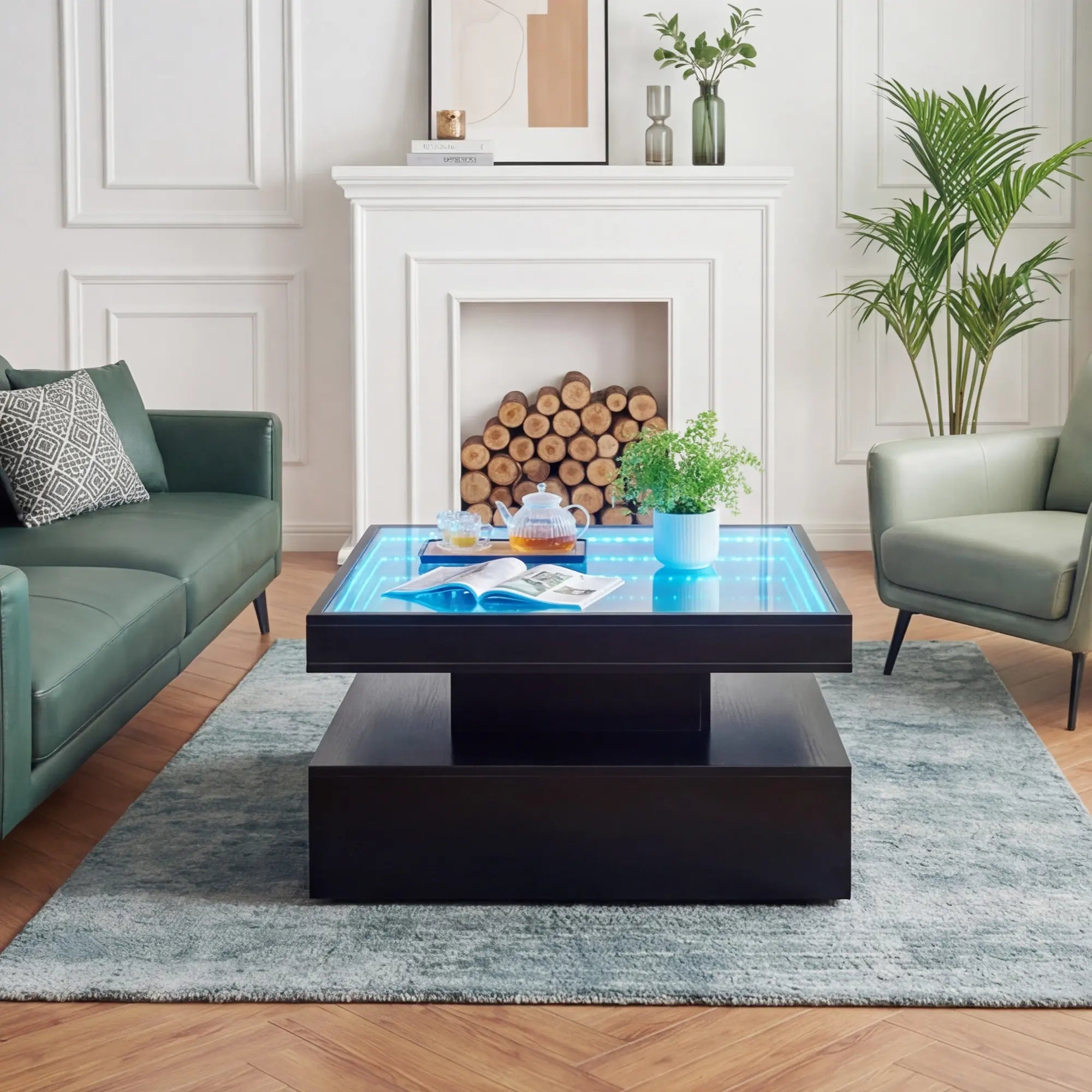 Contemporary 31.5" LED Square Coffee Table with Storage, Glass Top, and RGB Lighting in Black Engineered Wood for Living Spaces and Apartments