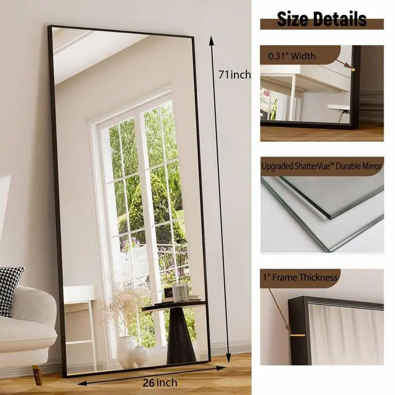 71" x 26" Full-Length Mirror - Versatile Floor-Standing, Wall-Mounted, or Tilting Design with Arched Rectangular Shape, Frameless Construction Ideal for Bedrooms, Corridors, and Entrances in Gold/Black Finish