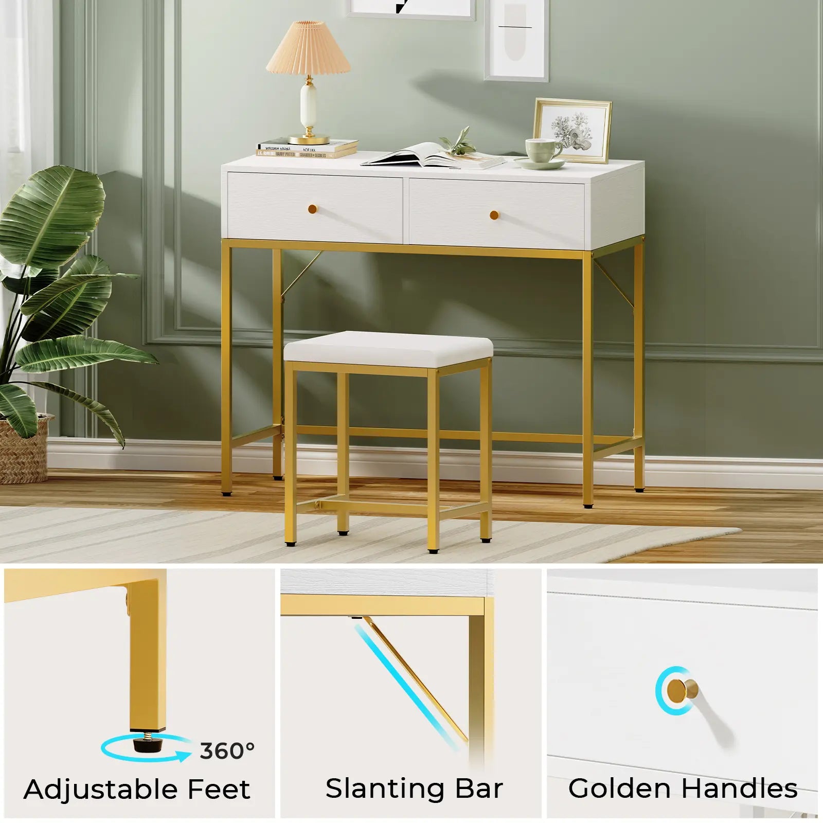 35.4" White and Gold Vanity Desk with Two Drawers and Modern Padded Stool, Perfect for Home Office or Bedroom Makeup Station
