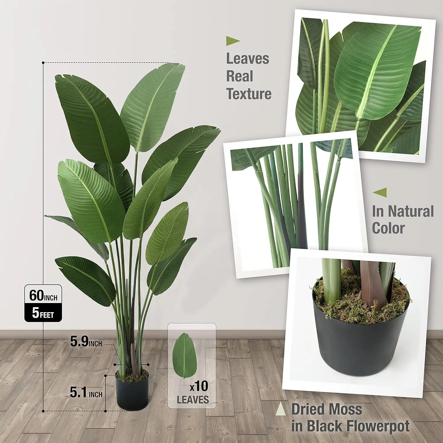 5-Foot Artificial Bird of Paradise Plant – Elegant Faux Silk Floor Decor for Living Room, Office, and Bedroom with Planter