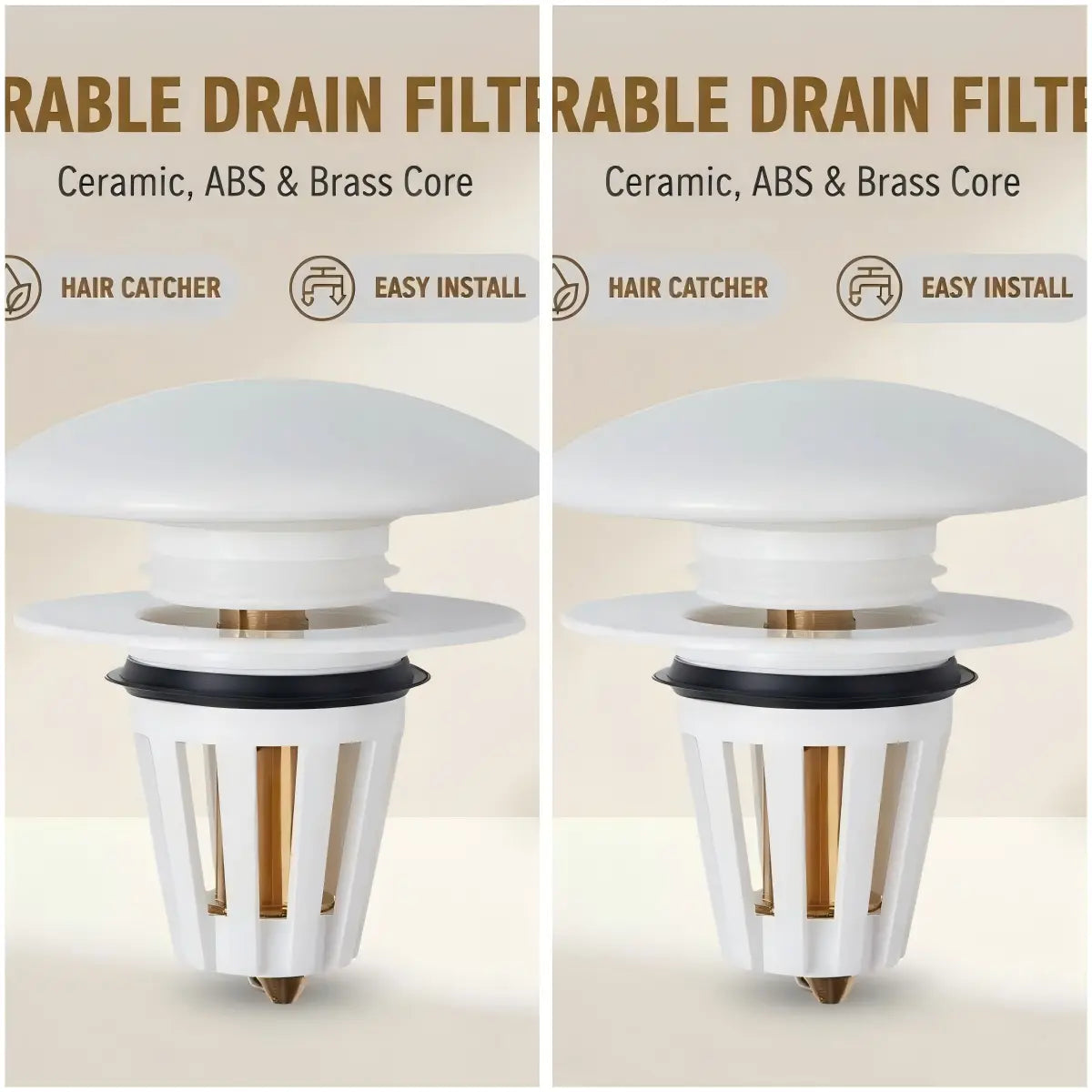 Ceramic Bathroom Sink Stopper Hair Catcher - Universal Pop-Up Drain Filter with Basket, Durable ABS & Brass Core, Easy Installation, Fits 1.34" Sinks