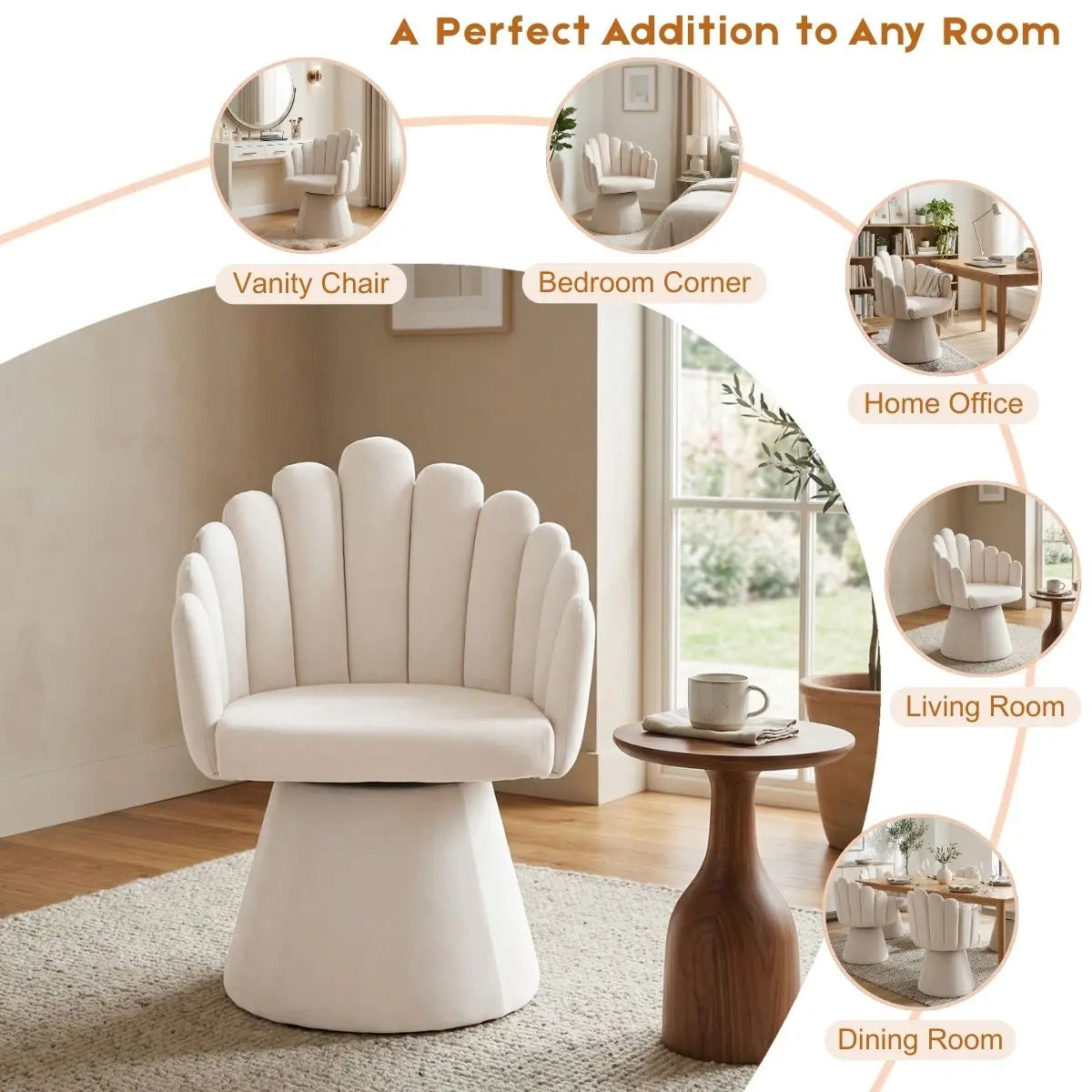 Dayalane Mid-Century Modern Swivel Accent Chair, Upholstered Kitchen Chair with Arms, Chenille Beige Palm-Shell Silhouette