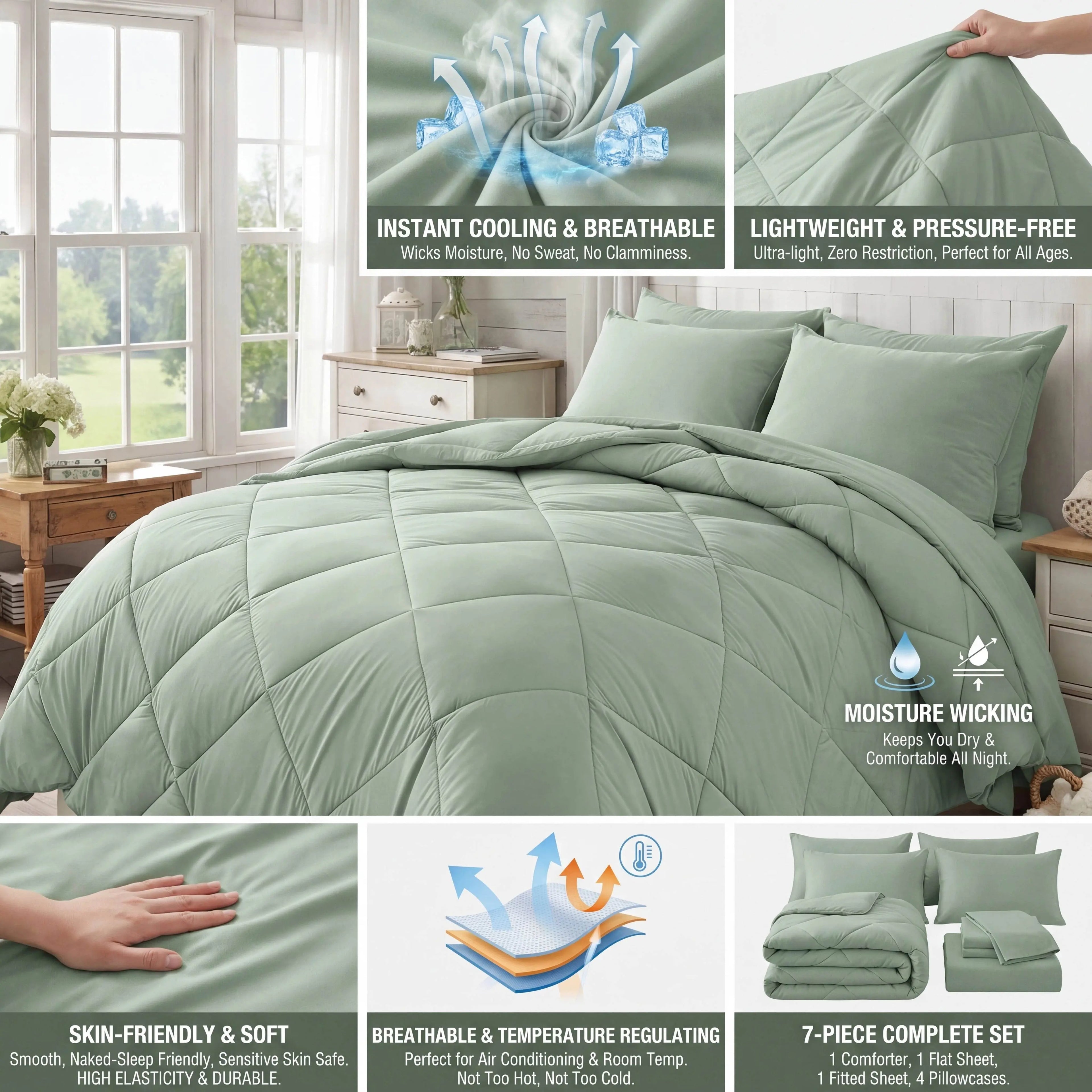 7-Piece Full Size Comforter Set for Kids, Soft and Breathable Double-Sided Comforter for All Seasons, Includes 1 Quilt, 4 Pillowcases, 1 Flat Sheet, and 1 Fitted Sheet, Machine Washable Bedding for Home and Dorm, Ideal Gift for Mother's Day