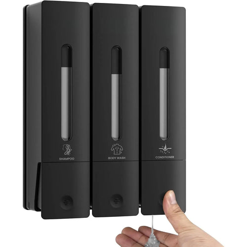 1984 Wall-Mounted Shower Soap Dispenser Set - 3-Chamber Shampoo and Conditioner Dispenser for Home and Hotel, No Drill Installation, Black, 3 x 400ml