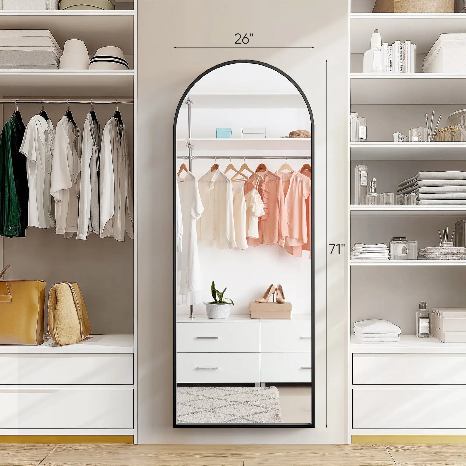 71" x 26" Full-Length Mirror - Versatile Floor-Standing, Wall-Mounted, or Tilting Design with Arched Rectangular Shape, Frameless Construction Ideal for Bedrooms, Corridors, and Entrances in Gold/Black Finish