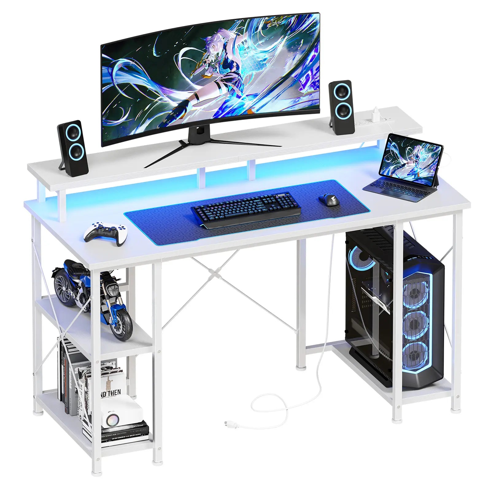 48-Inch Durable Computer Desk with LED Lighting, Power Outlets, Dual Monitor Stand, Storage Shelves, and CPU Holder for Home Office and Gaming Use