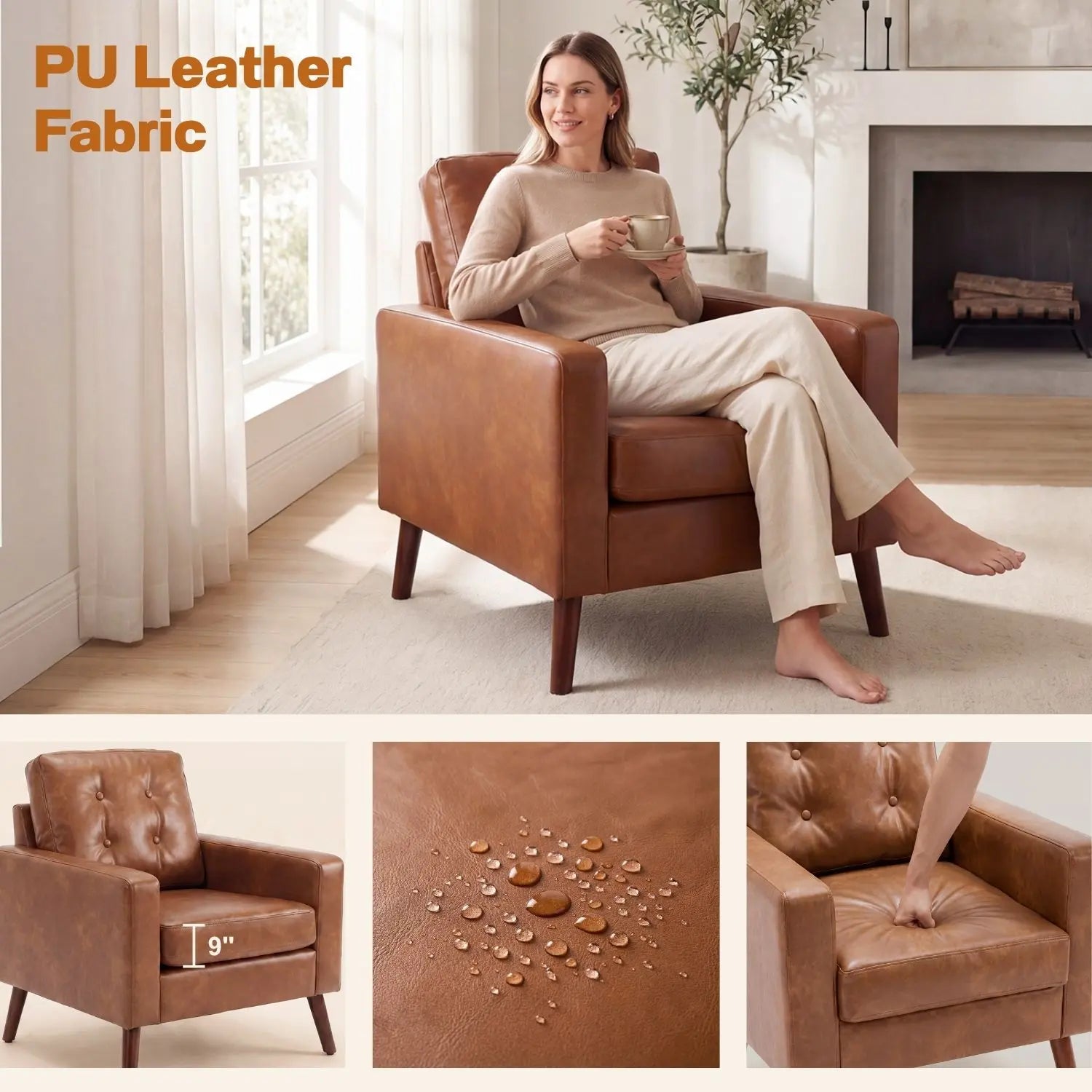 Dayalane Contemporary London Accent Chair - Brown Vegan Leather Armchair with Wooden Legs, Tufted Backrest, and Plush Cushion
