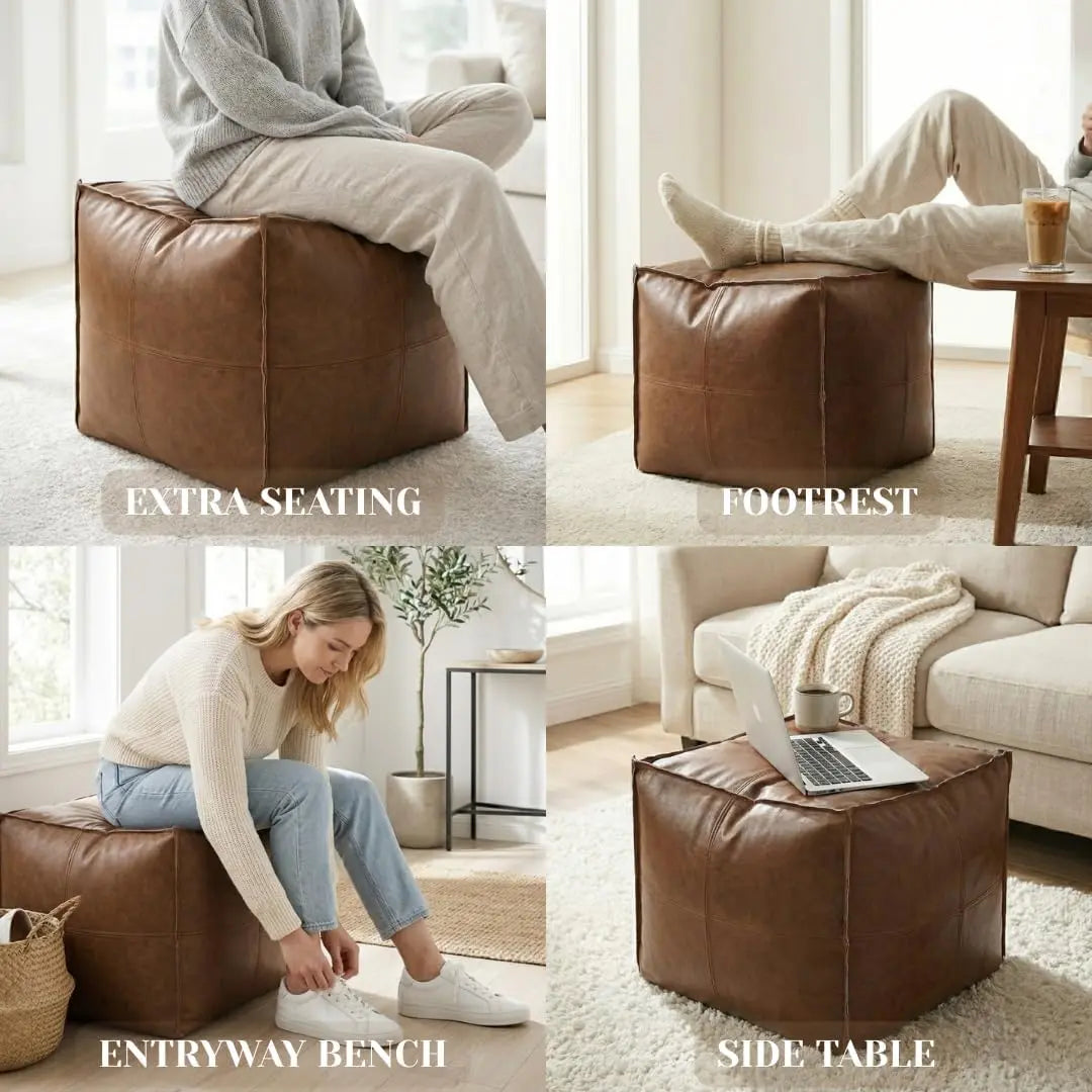 Dauhor Faux Leather Unstuffed Ottoman Cover - 15.7-Inch Square Beanbag with Storage for Living Room and Bedroom, Brown, Modern Seating for Adults and Kids