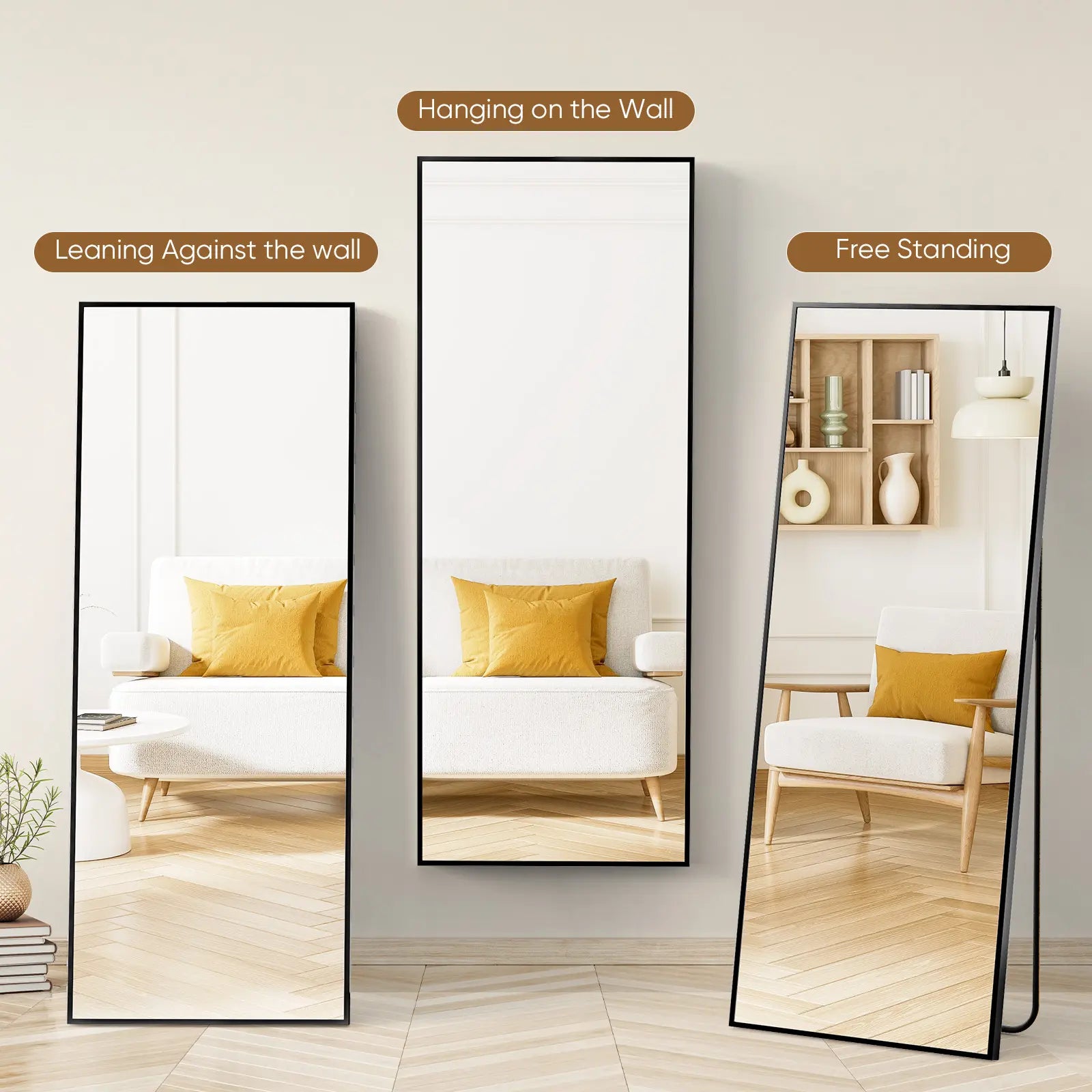 71" x 26" Full-Length Mirror - Versatile Floor-Standing, Wall-Mounted, or Tilting Design with Arched Rectangular Shape, Frameless Construction Ideal for Bedrooms, Corridors, and Entrances in Gold/Black Finish