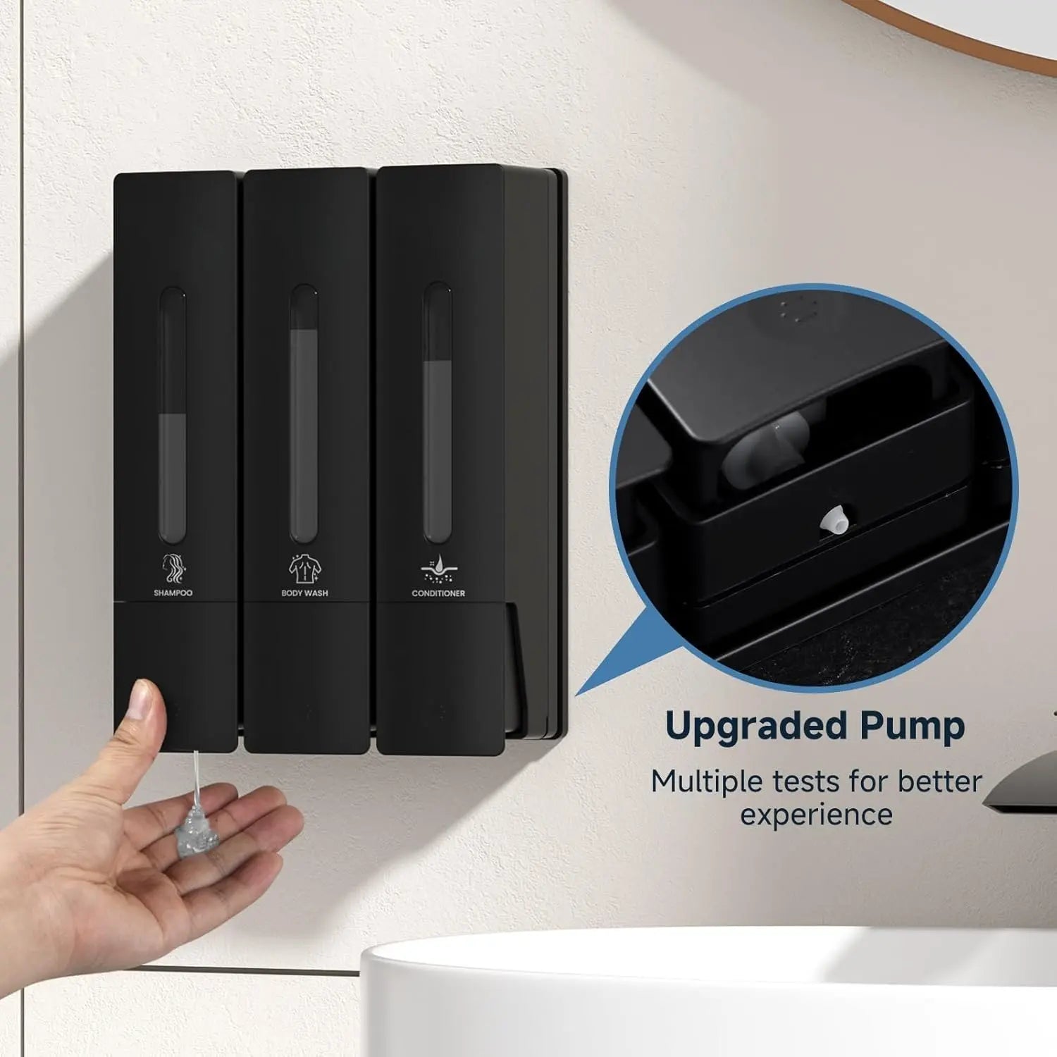 1984 Wall-Mounted Shower Soap Dispenser Set - 3-Chamber Shampoo and Conditioner Dispenser for Home and Hotel, No Drill Installation, Black, 3 x 400ml