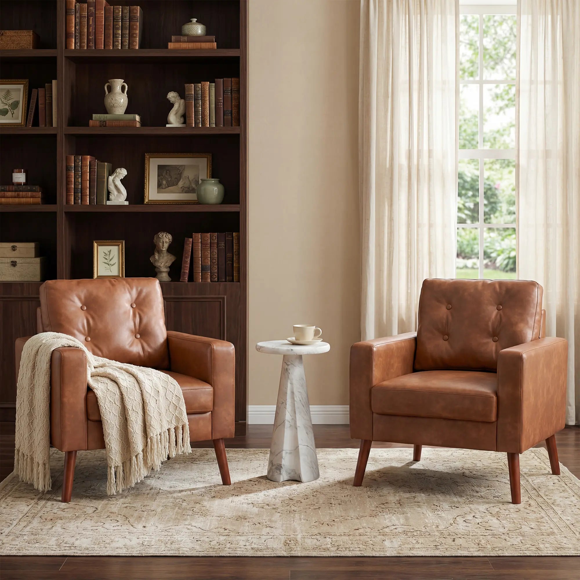 Dayalane Contemporary London Accent Chair - Brown Vegan Leather Armchair with Wooden Legs, Tufted Backrest, and Plush Cushion