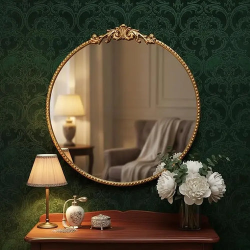24-Inch Round Ornate Gold Wall Mirror - Vintage European-Style Decorative Accent with Intricate Carvings for Elegant Room Reflection and Hanging