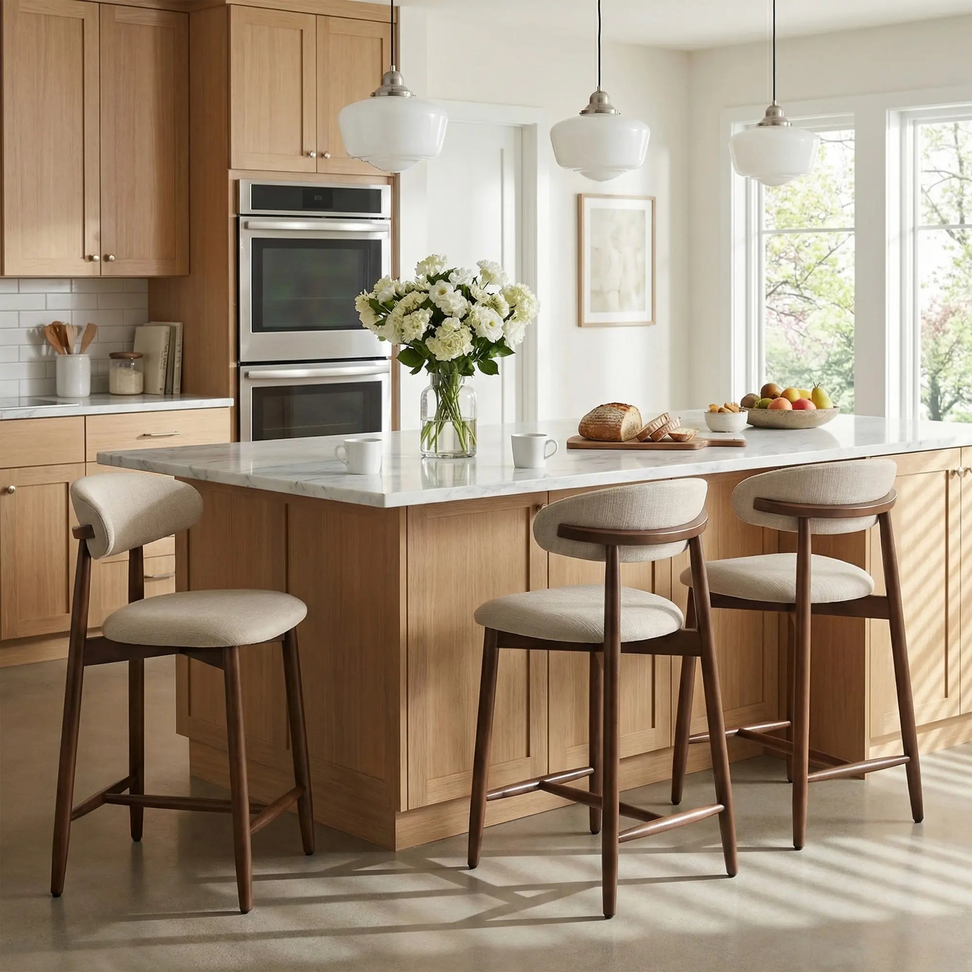 COLAMY ARLA Upholstered Wooden Bar Stool - Scandinavian Minimalist Modern Dining Chair for Sophisticated Dining Environments