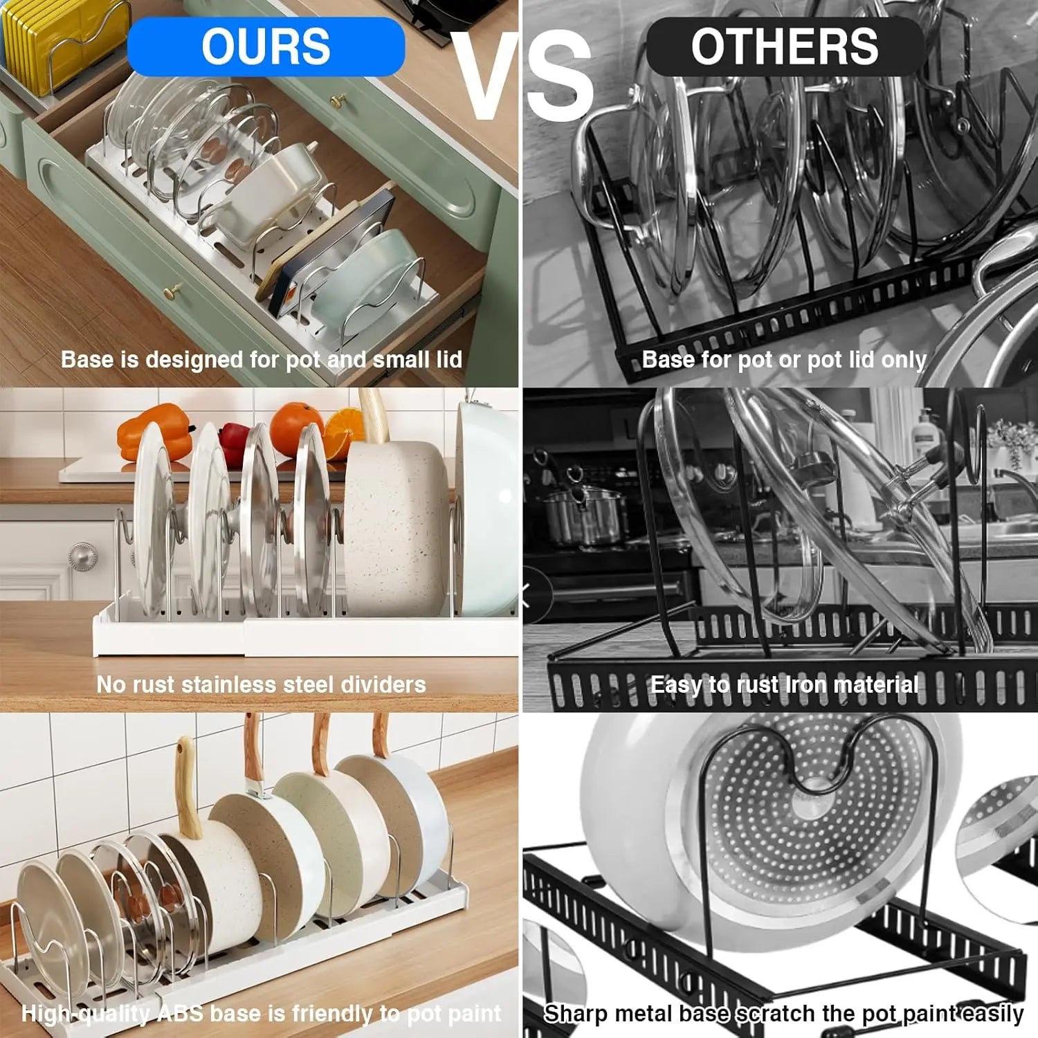 AIR U 22" Expandable Pots and Pans Organizer with 9 Adjustable Dividers - Efficient Pot Lid Holder for Under Cabinet and Countertop Storage, White