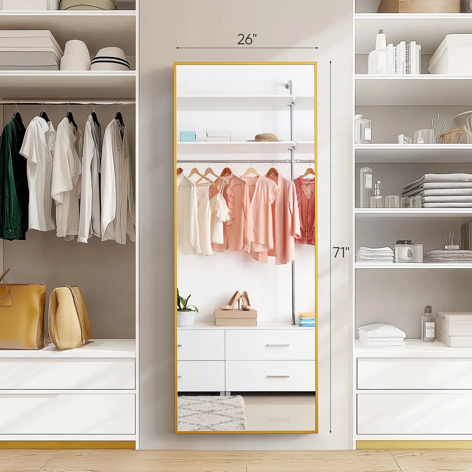 71" x 26" Full-Length Mirror - Versatile Floor-Standing, Wall-Mounted, or Tilting Design with Arched Rectangular Shape, Frameless Construction Ideal for Bedrooms, Corridors, and Entrances in Gold/Black Finish