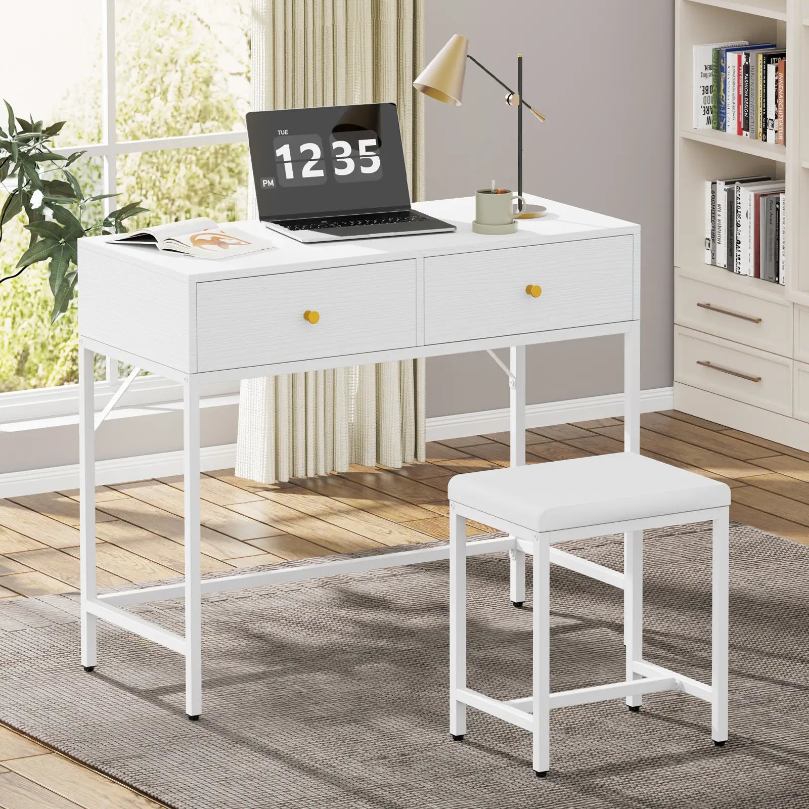35.4" White and Gold Vanity Desk with Two Drawers and Modern Padded Stool, Perfect for Home Office or Bedroom Makeup Station