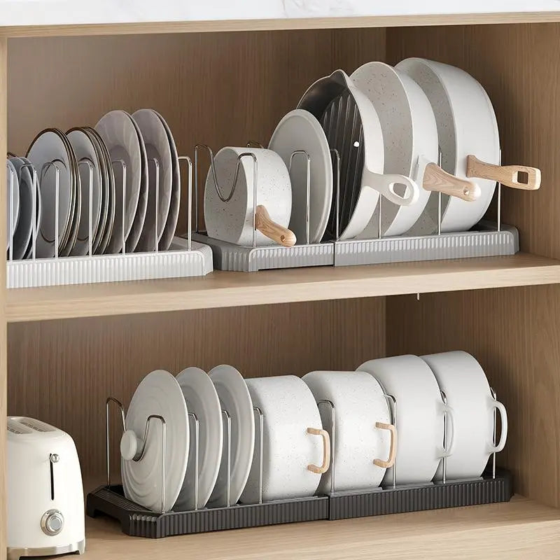 AIR U 22" Expandable Pots and Pans Organizer with 9 Adjustable Dividers - Efficient Pot Lid Holder for Under Cabinet and Countertop Storage, White