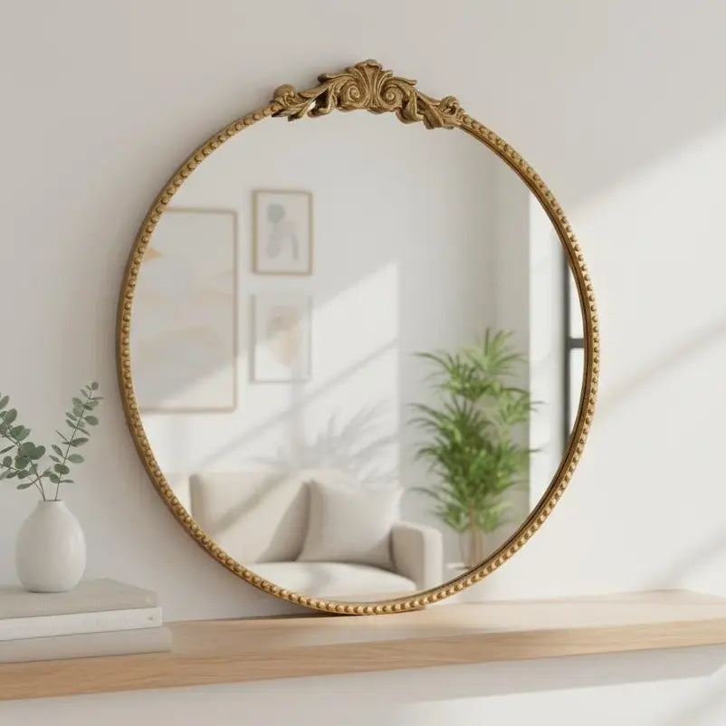 24-Inch Round Ornate Gold Wall Mirror - Vintage European-Style Decorative Accent with Intricate Carvings for Elegant Room Reflection and Hanging