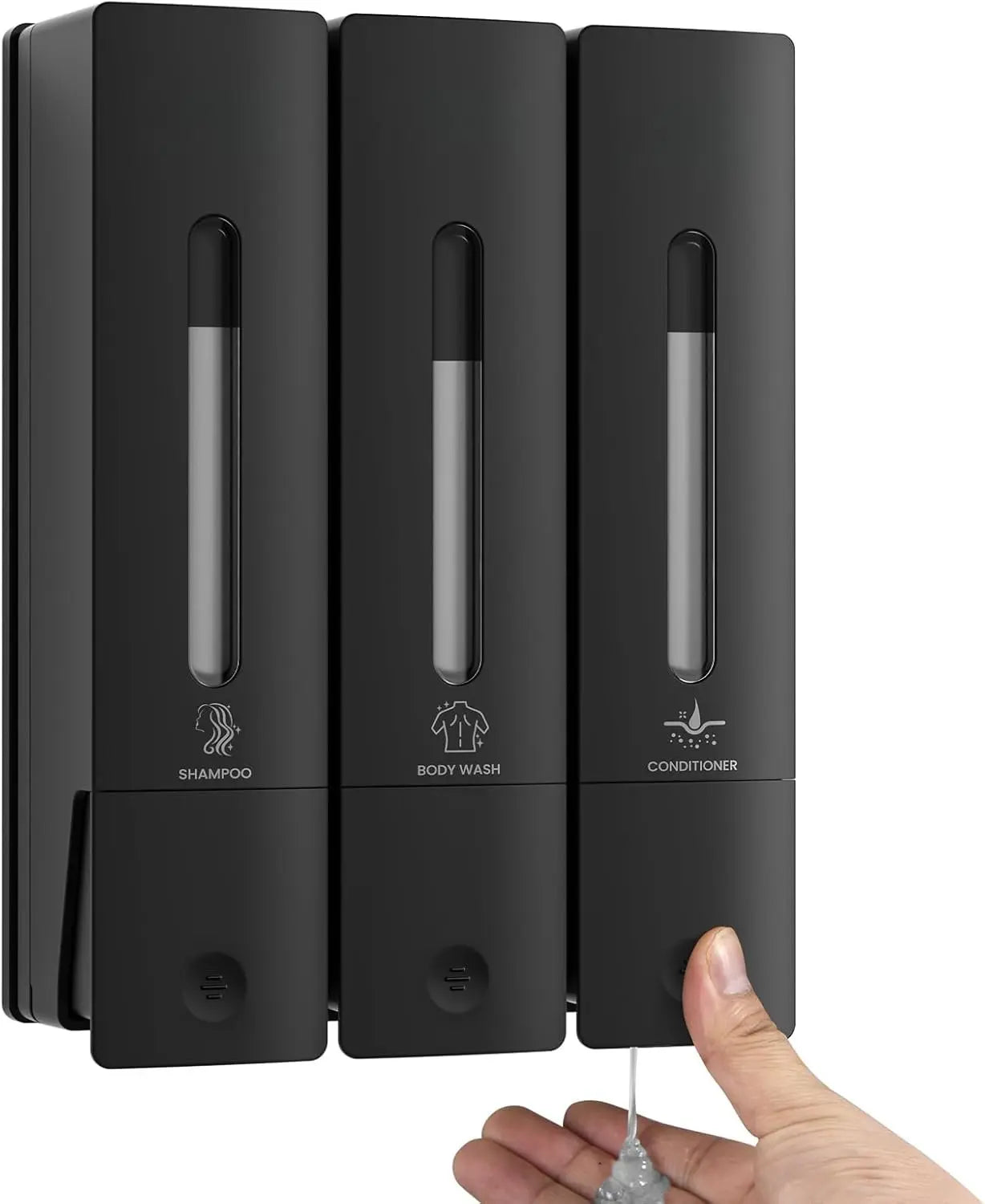 1984 Wall-Mounted Shower Soap Dispenser Set - 3-Chamber Shampoo and Conditioner Dispenser for Home and Hotel, No Drill Installation, Black, 3 x 400ml