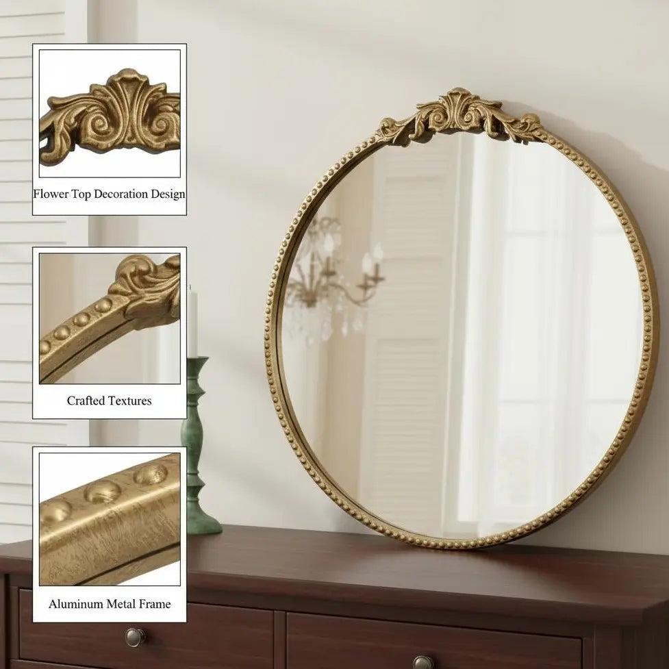 24-Inch Round Ornate Gold Wall Mirror - Vintage European-Style Decorative Accent with Intricate Carvings for Elegant Room Reflection and Hanging