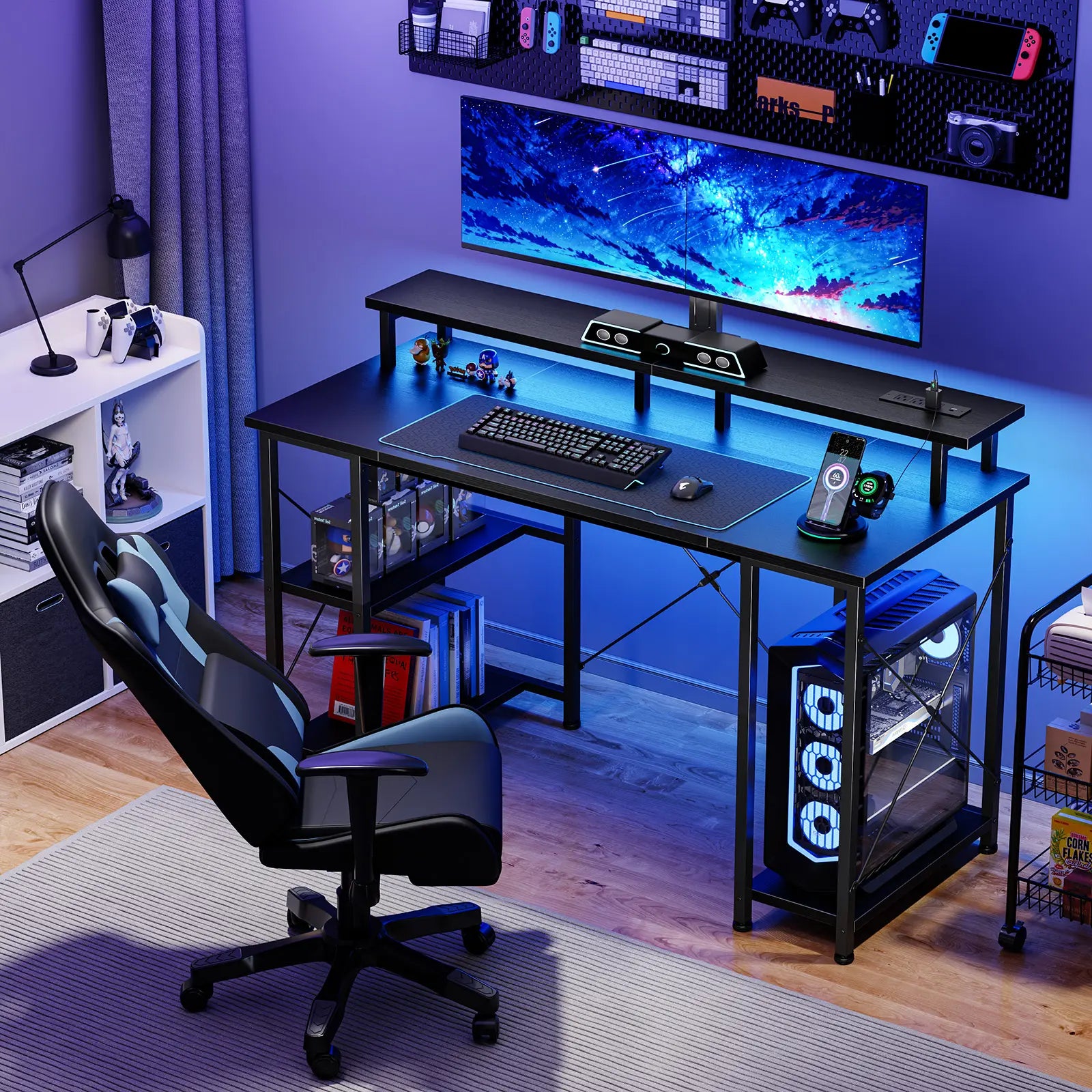 48-Inch Durable Computer Desk with LED Lighting, Power Outlets, Dual Monitor Stand, Storage Shelves, and CPU Holder for Home Office and Gaming Use