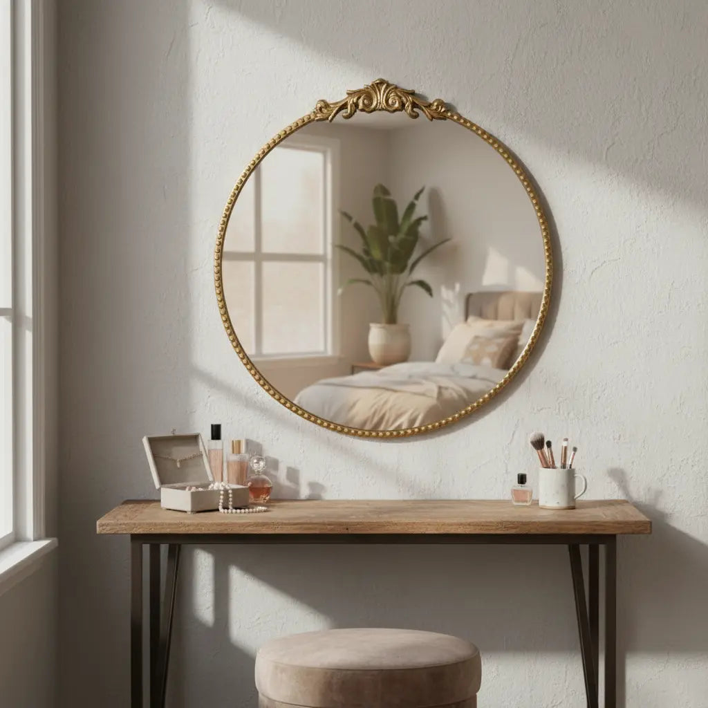 24-Inch Round Ornate Gold Wall Mirror - Vintage European-Style Decorative Accent with Intricate Carvings for Elegant Room Reflection and Hanging