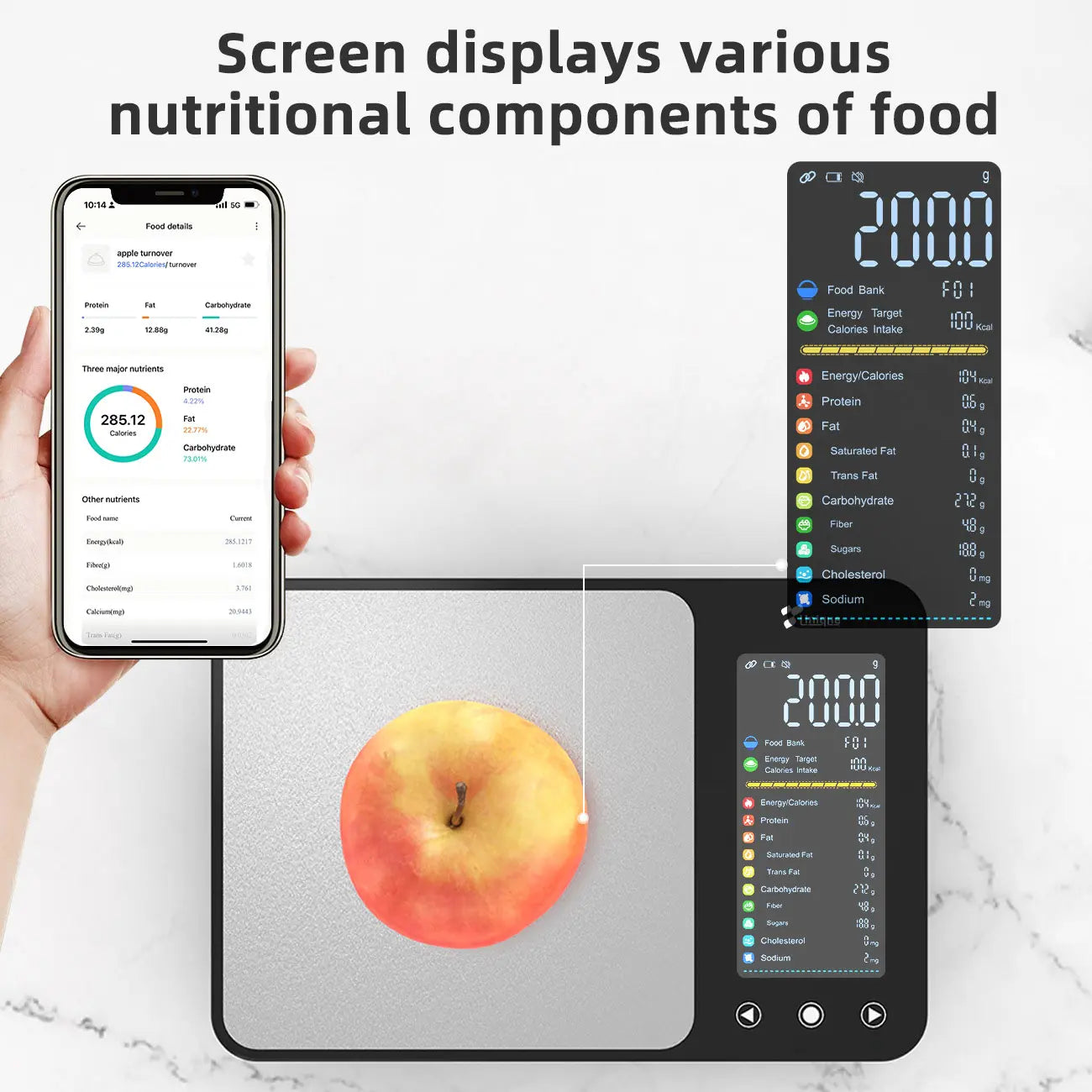 Comprehensive Nutritional Kitchen Scale with 10-Color VA Display and Support for 17 Country Food Databases