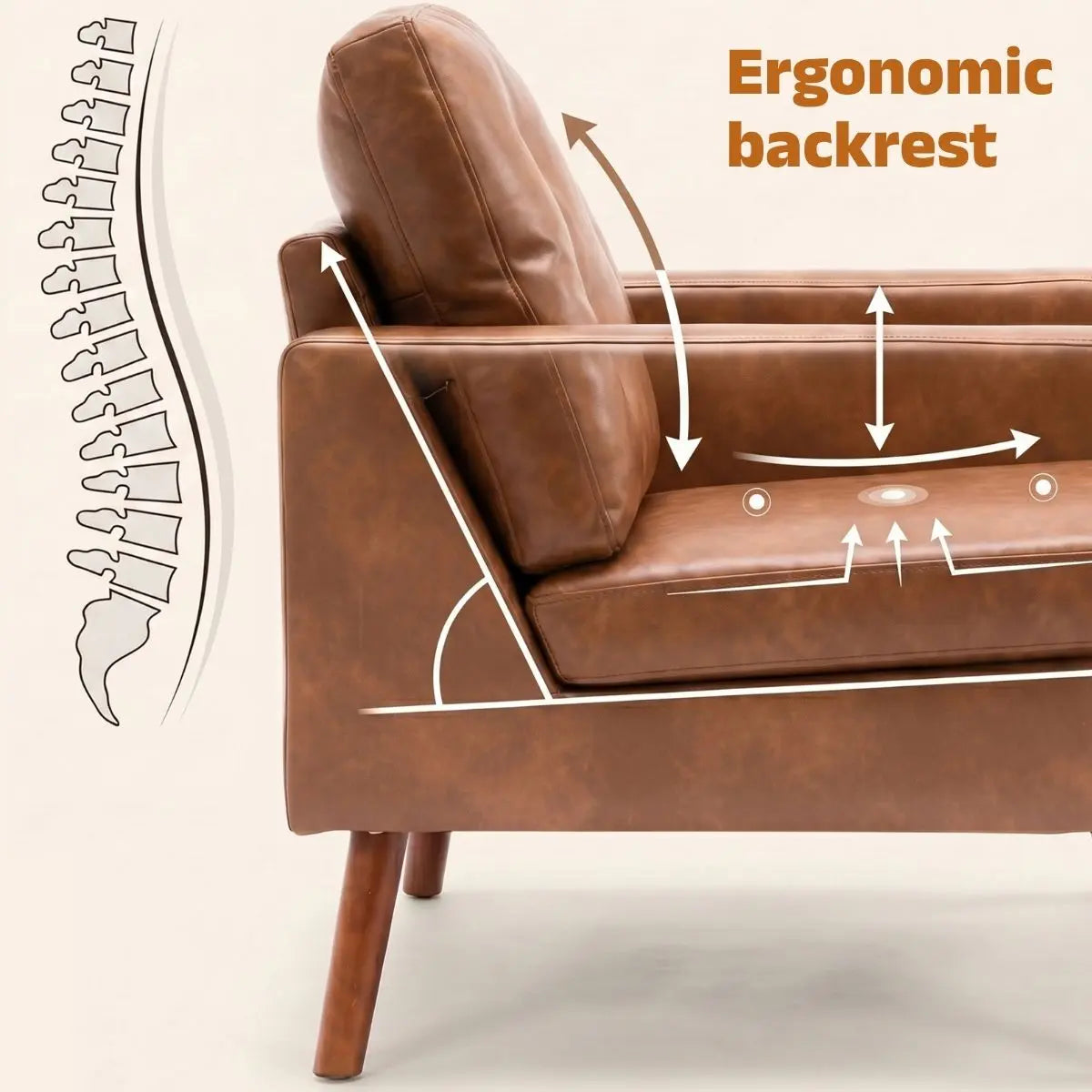 Dayalane Contemporary London Accent Chair - Brown Vegan Leather Armchair with Wooden Legs, Tufted Backrest, and Plush Cushion