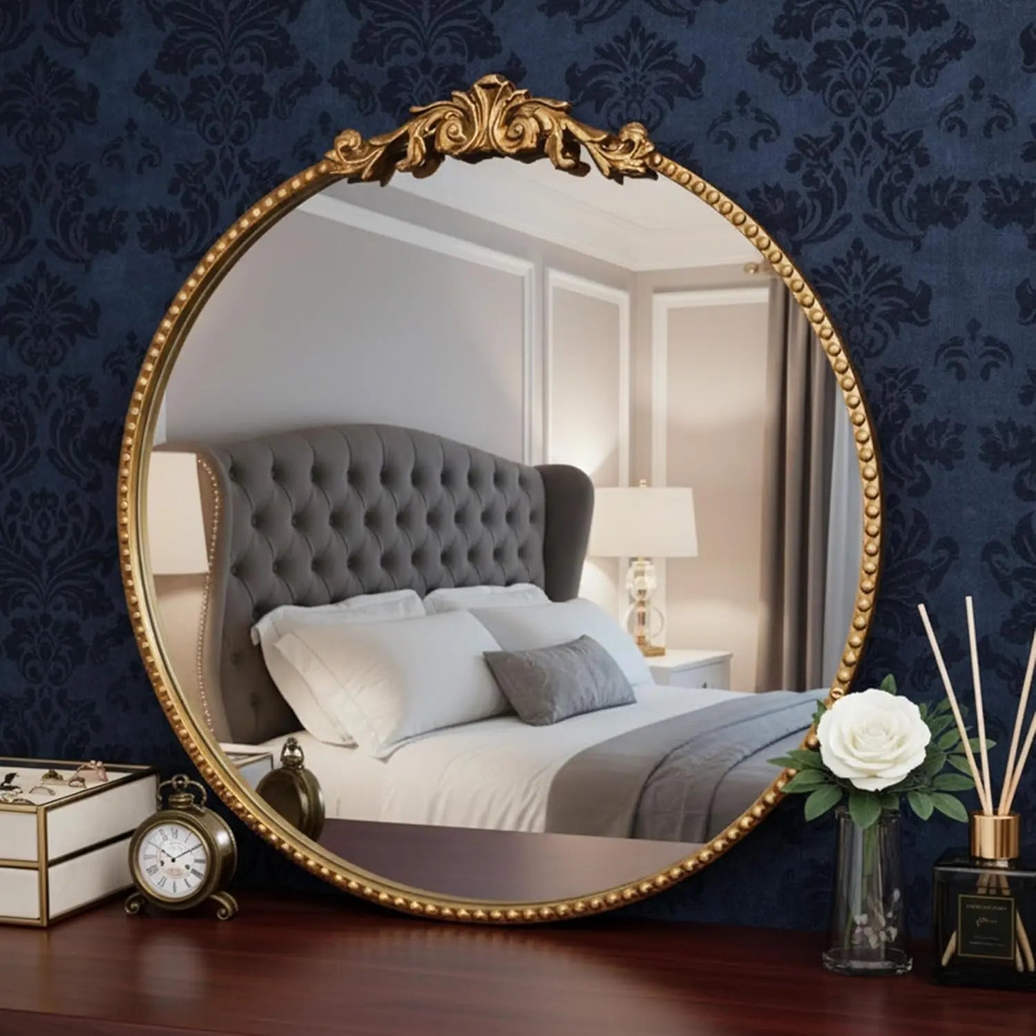 24-Inch Round Ornate Gold Wall Mirror - Vintage European-Style Decorative Accent with Intricate Carvings for Elegant Room Reflection and Hanging