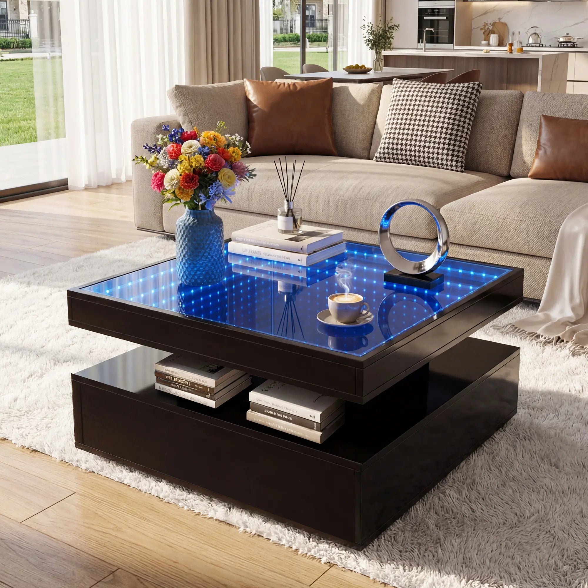 Contemporary 31.5" LED Square Coffee Table with Storage, Glass Top, and RGB Lighting in Black Engineered Wood for Living Spaces and Apartments