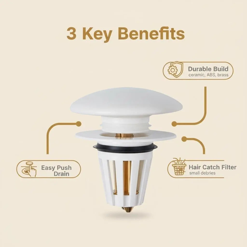 Ceramic Bathroom Sink Stopper Hair Catcher - Universal Pop-Up Drain Filter with Basket, Durable ABS & Brass Core, Easy Installation, Fits 1.34" Sinks