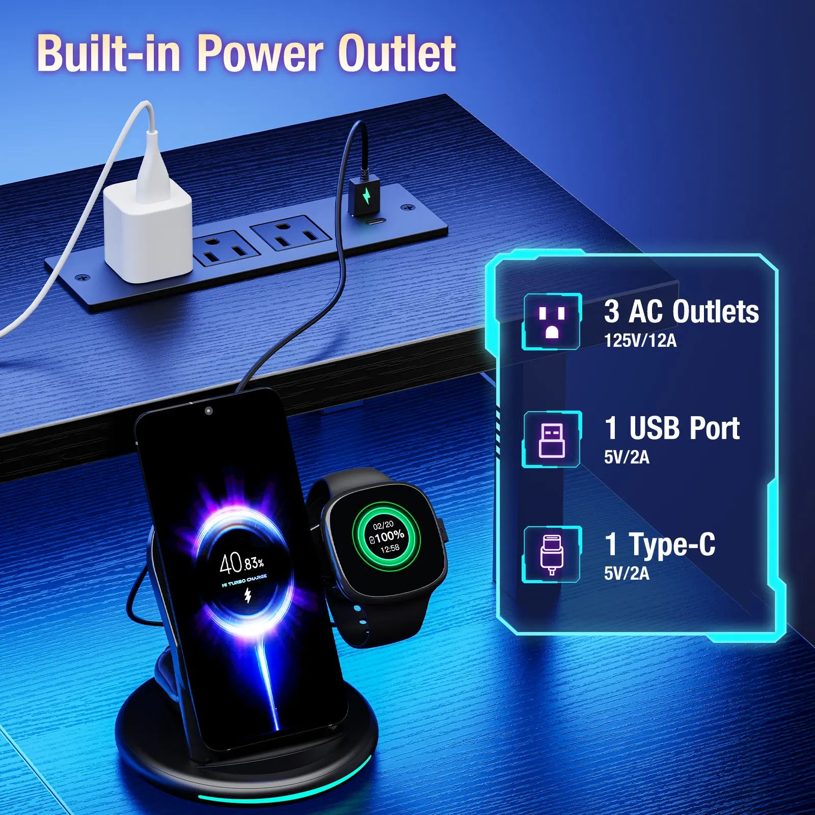 48-Inch Durable Computer Desk with LED Lighting, Power Outlets, Dual Monitor Stand, Storage Shelves, and CPU Holder for Home Office and Gaming Use