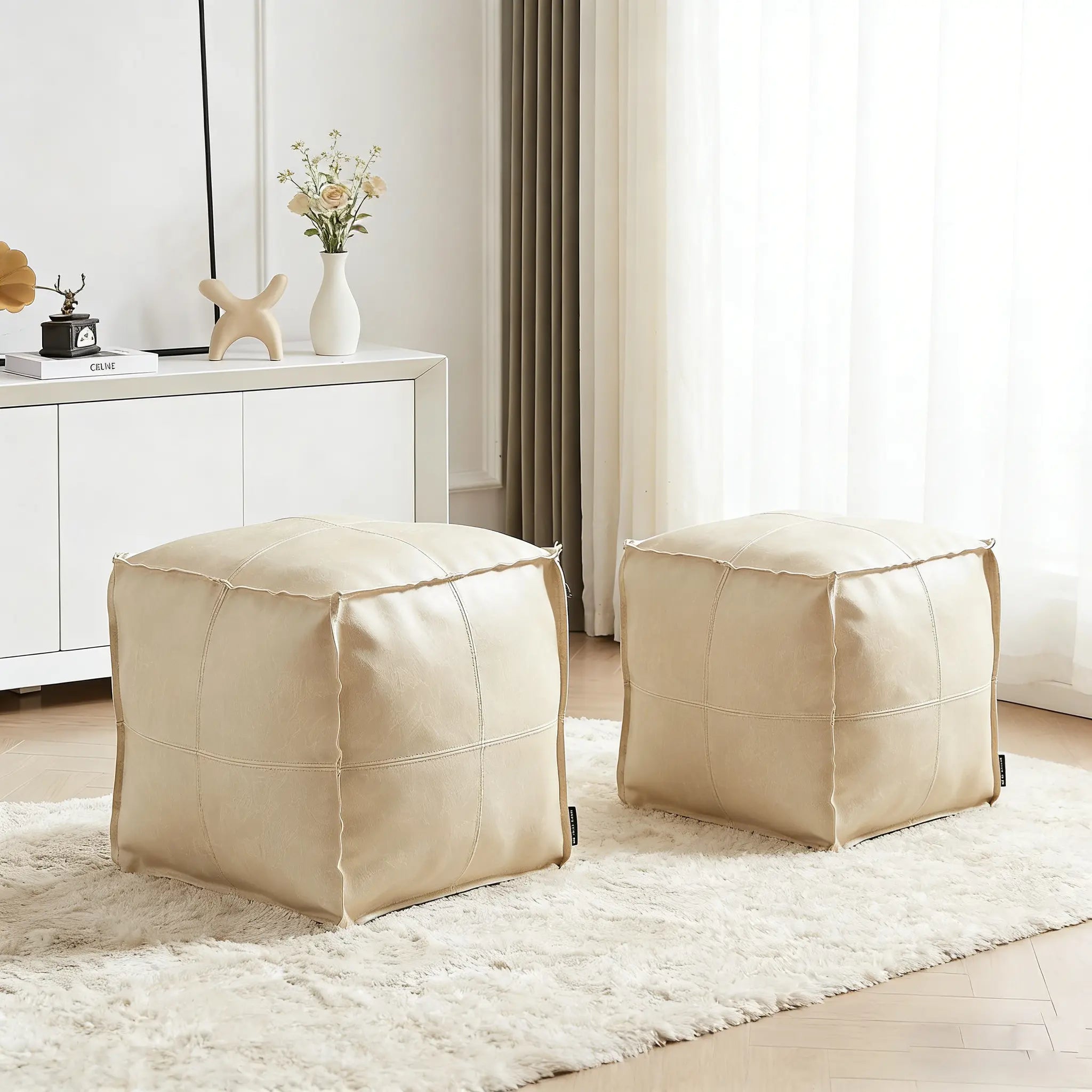Dauhor Faux Leather Unstuffed Ottoman Cover - 15.7-Inch Square Beanbag with Storage for Living Room and Bedroom, Brown, Modern Seating for Adults and Kids