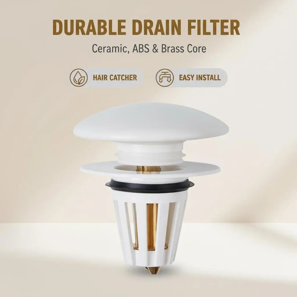 Ceramic Bathroom Sink Stopper Hair Catcher - Universal Pop-Up Drain Filter with Basket, Durable ABS & Brass Core, Easy Installation, Fits 1.34" Sinks
