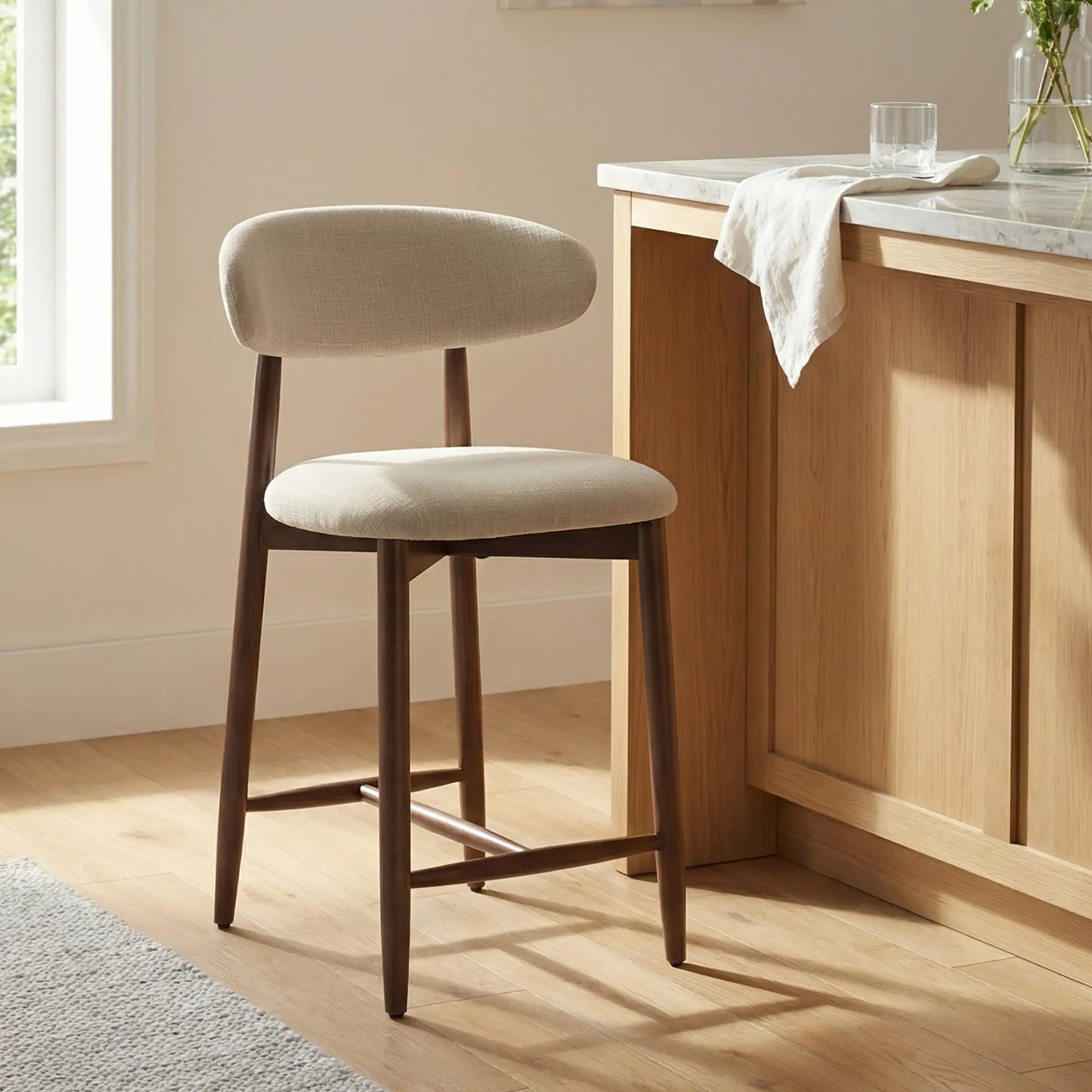 COLAMY ARLA Upholstered Wooden Bar Stool - Scandinavian Minimalist Modern Dining Chair for Sophisticated Dining Environments