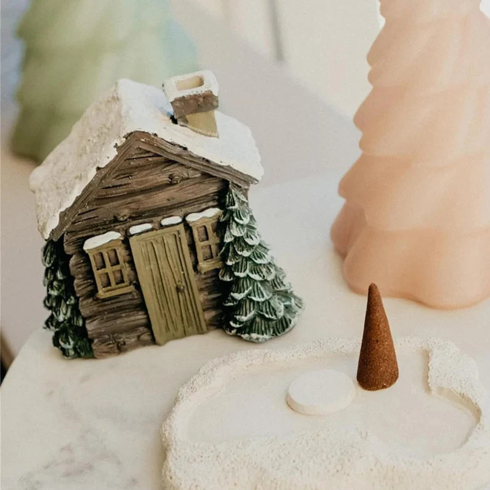Elegant Snowy Winter Incense Burner with Two Incense Cones - Cottage-Themed Table Centerpiece Decor