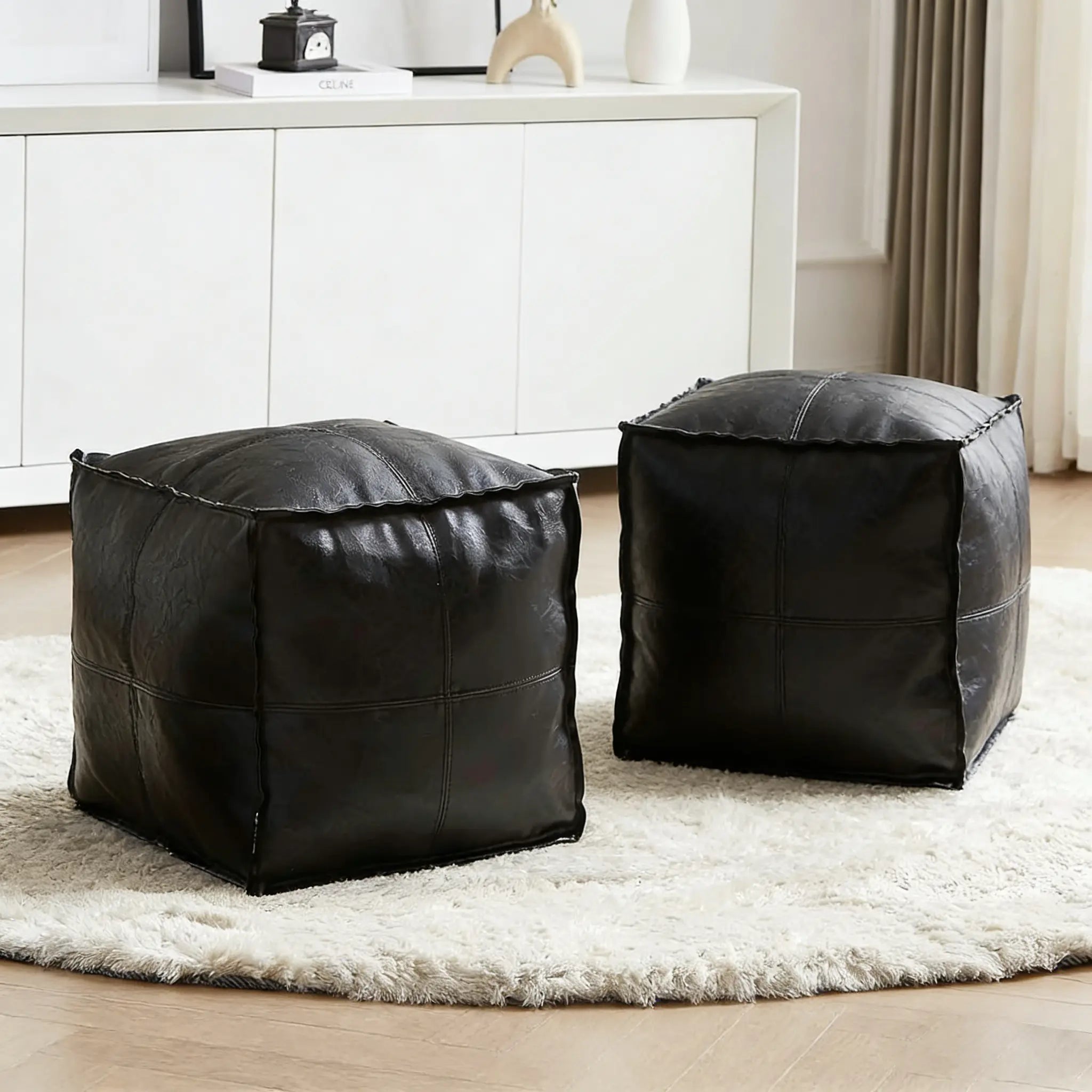 Dauhor Faux Leather Unstuffed Ottoman Cover - 15.7-Inch Square Beanbag with Storage for Living Room and Bedroom, Brown, Modern Seating for Adults and Kids