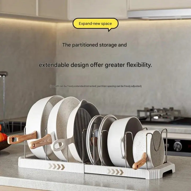 AIR U 22" Expandable Pots and Pans Organizer with 9 Adjustable Dividers - Efficient Pot Lid Holder for Under Cabinet and Countertop Storage, White