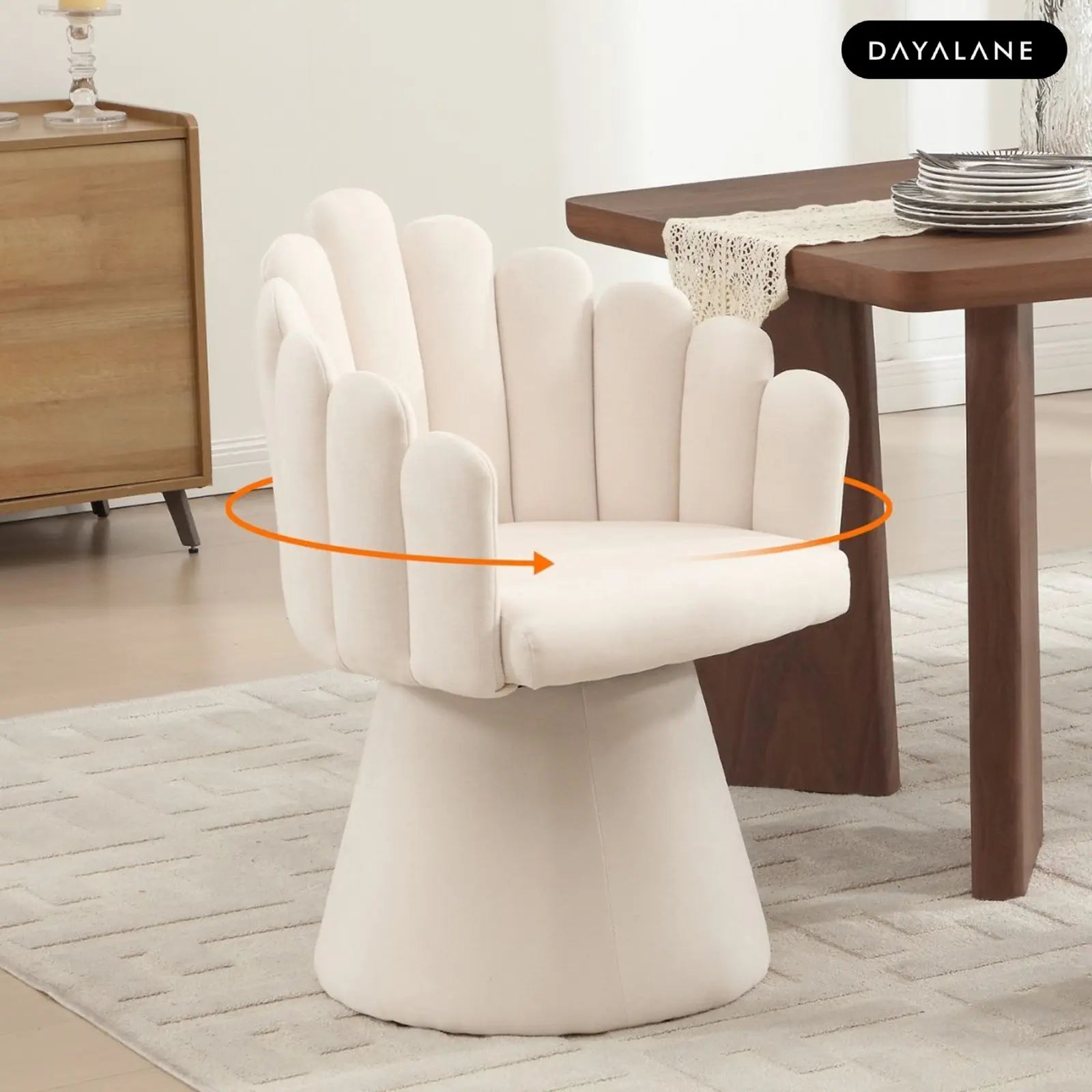 Dayalane Mid-Century Modern Swivel Accent Chair, Upholstered Kitchen Chair with Arms, Chenille Beige Palm-Shell Silhouette