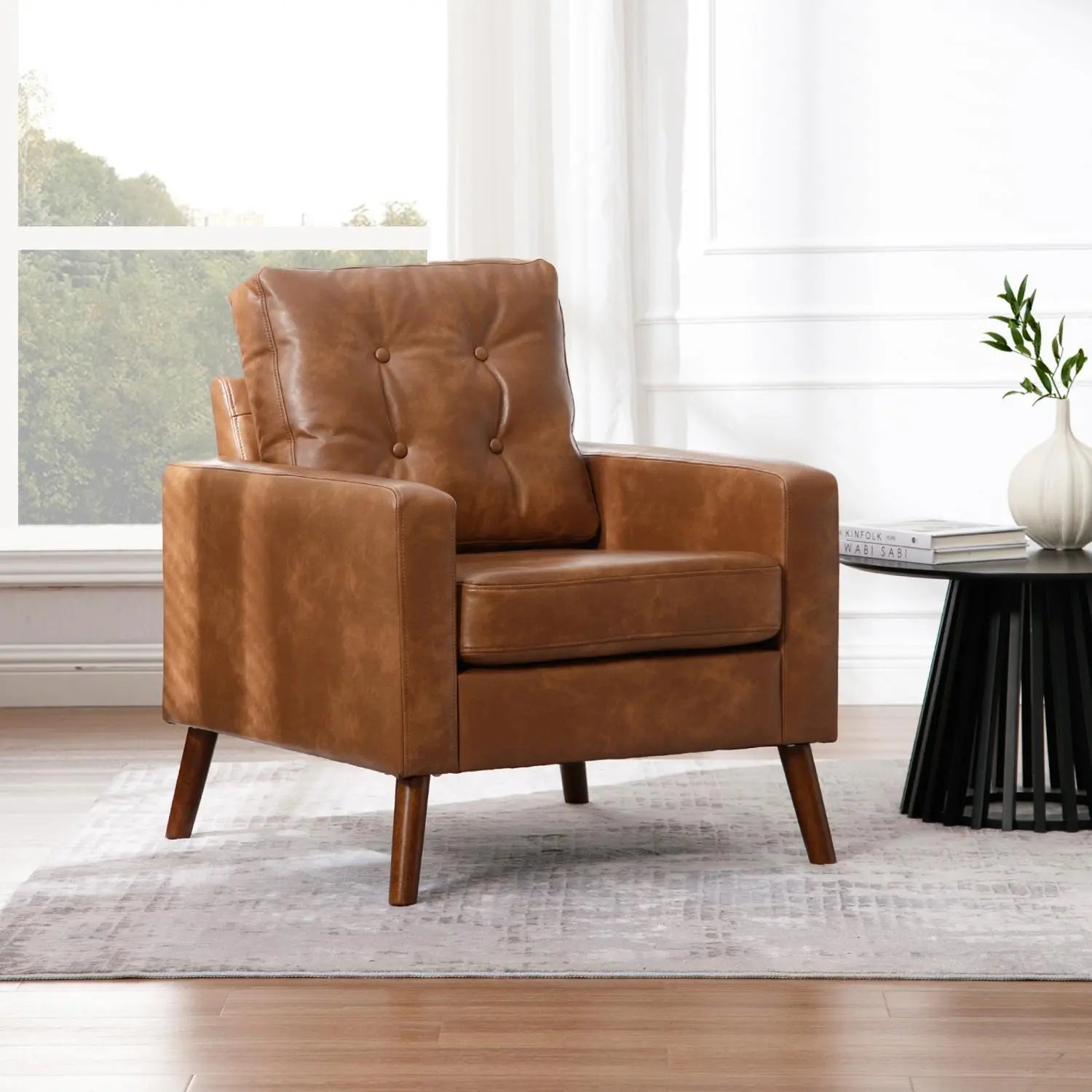 Dayalane Contemporary London Accent Chair - Brown Vegan Leather Armchair with Wooden Legs, Tufted Backrest, and Plush Cushion