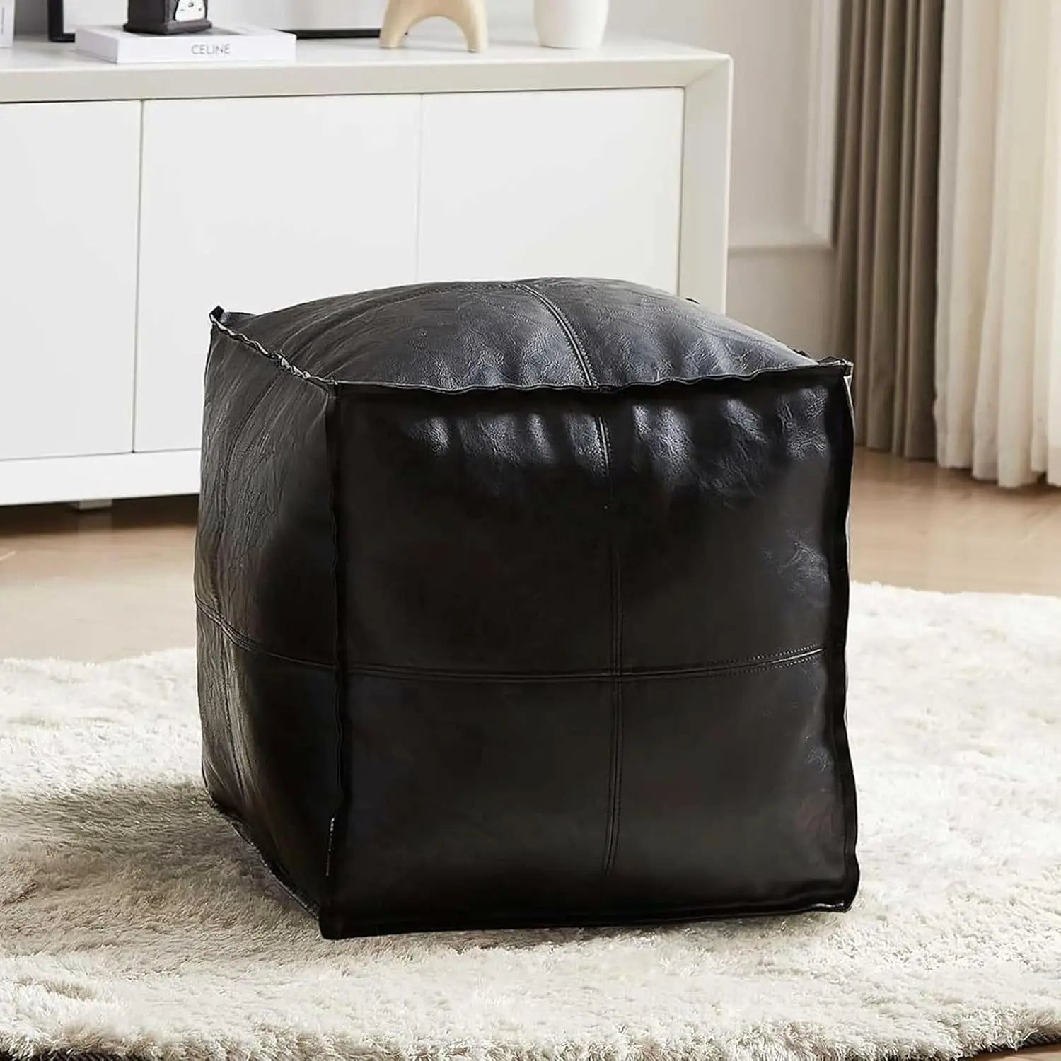 Dauhor Faux Leather Unstuffed Ottoman Cover - 15.7-Inch Square Beanbag with Storage for Living Room and Bedroom, Brown, Modern Seating for Adults and Kids